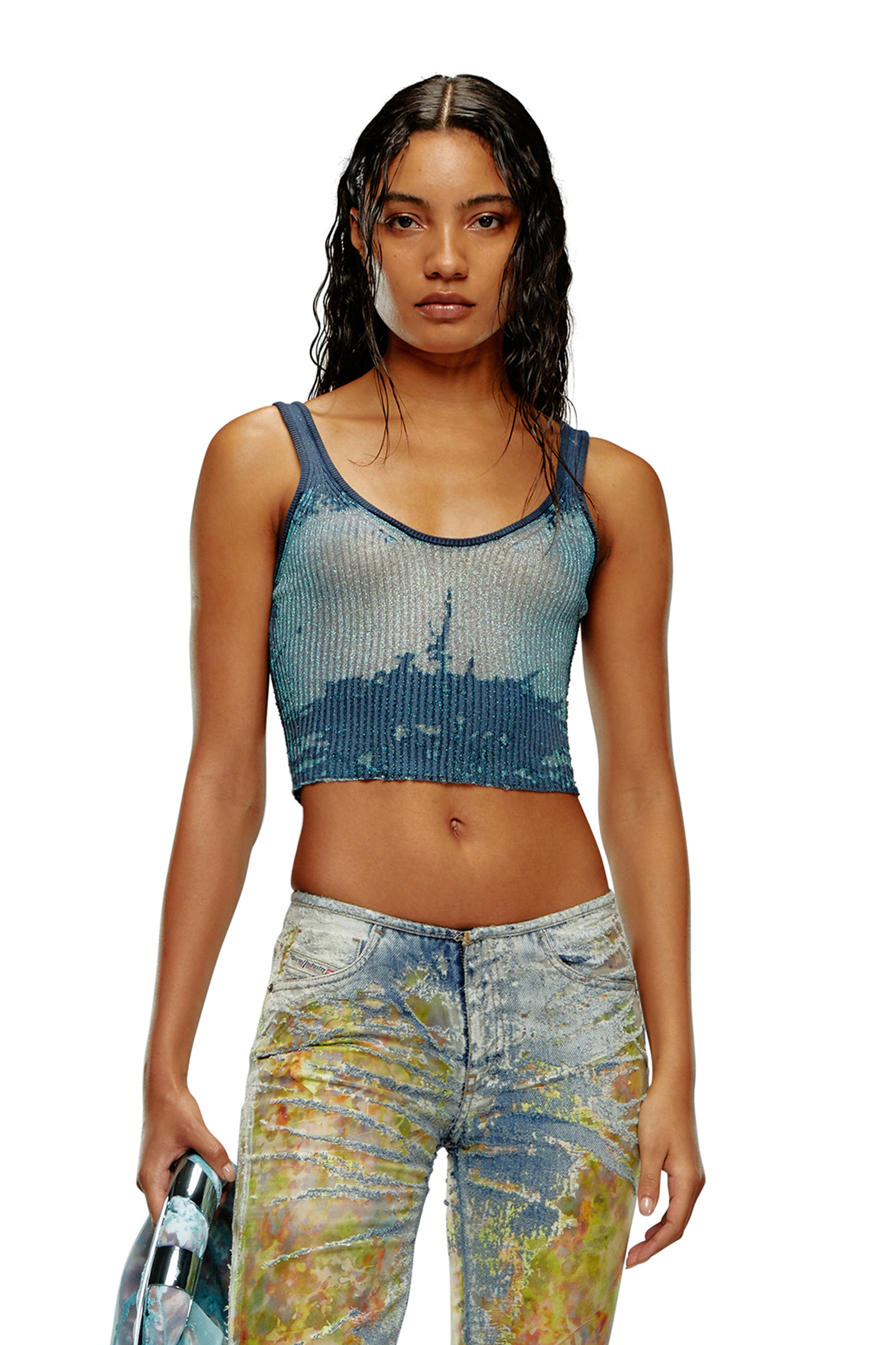 Diesel - M-DEIDRINA, Top crop en maille m&eacute;tallique d&eacute;vor&eacute;e Femme in Bleu - 3