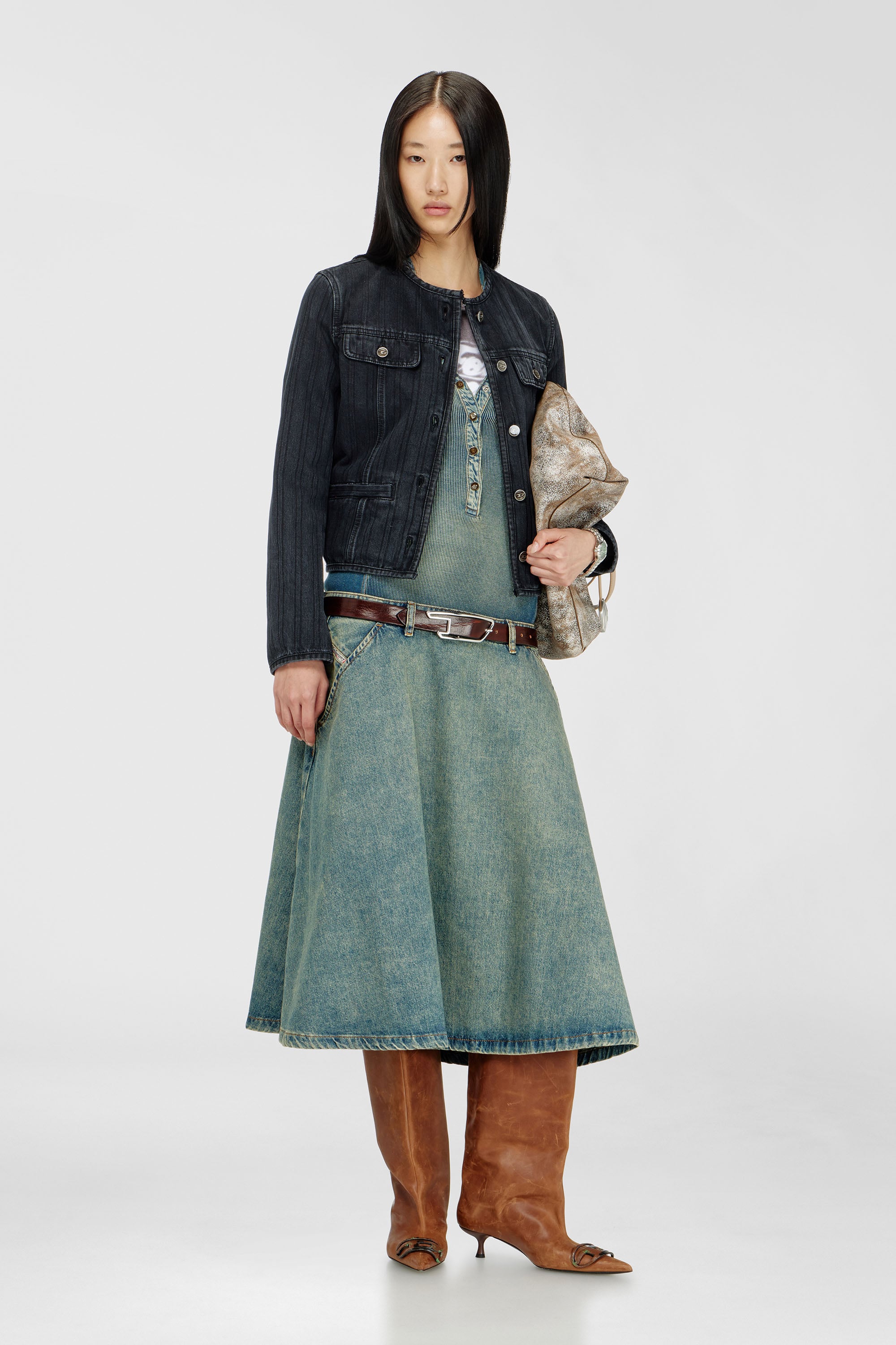 Diesel - DE-GRAFY, Veste sans col en denim &agrave; rayures fines Femme in Noir - 2