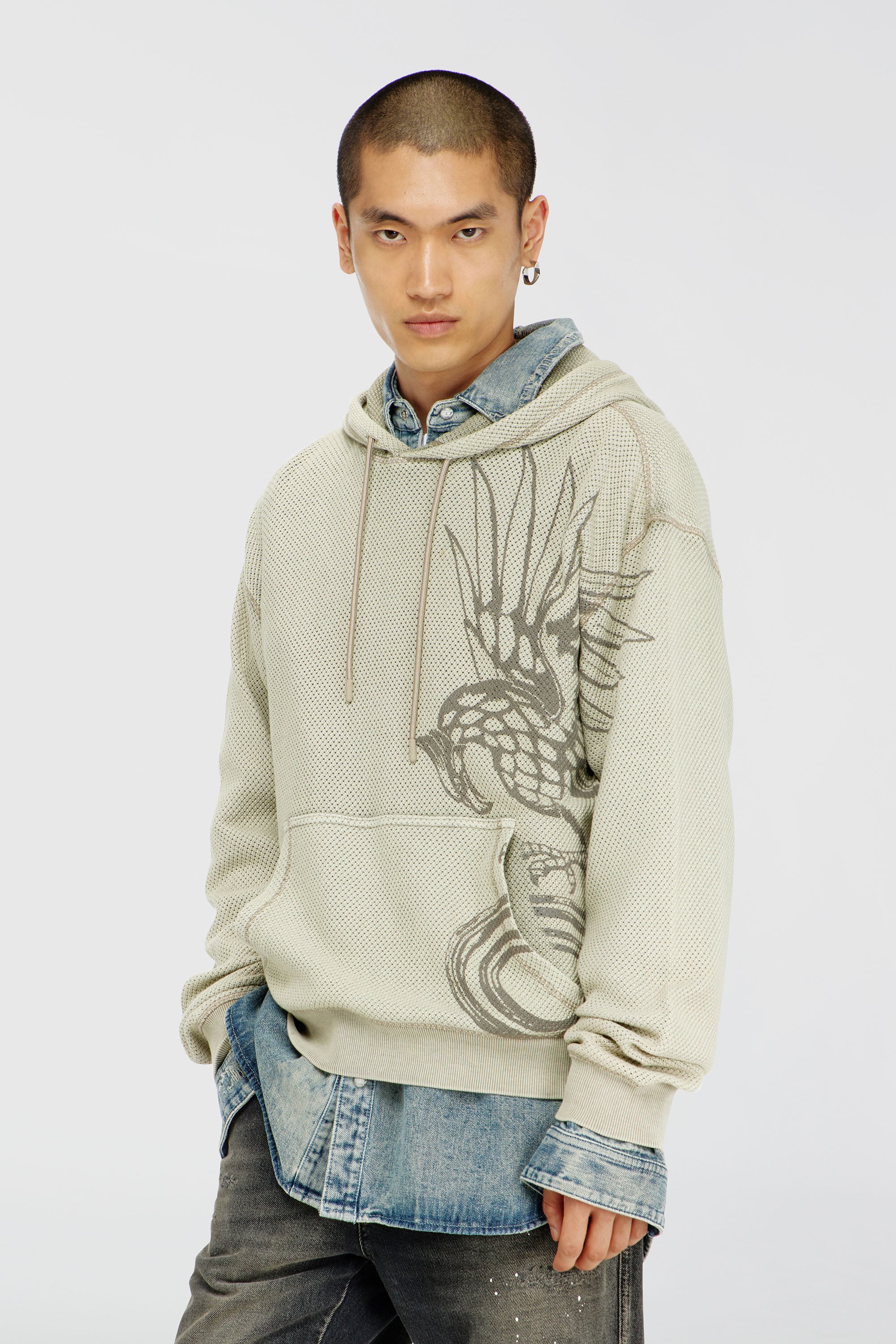 Diesel - S-NORM-HOOD-AA1, Sudadera con capucha de malla de algod&oacute;n texturizada Hombre in Beige - 2