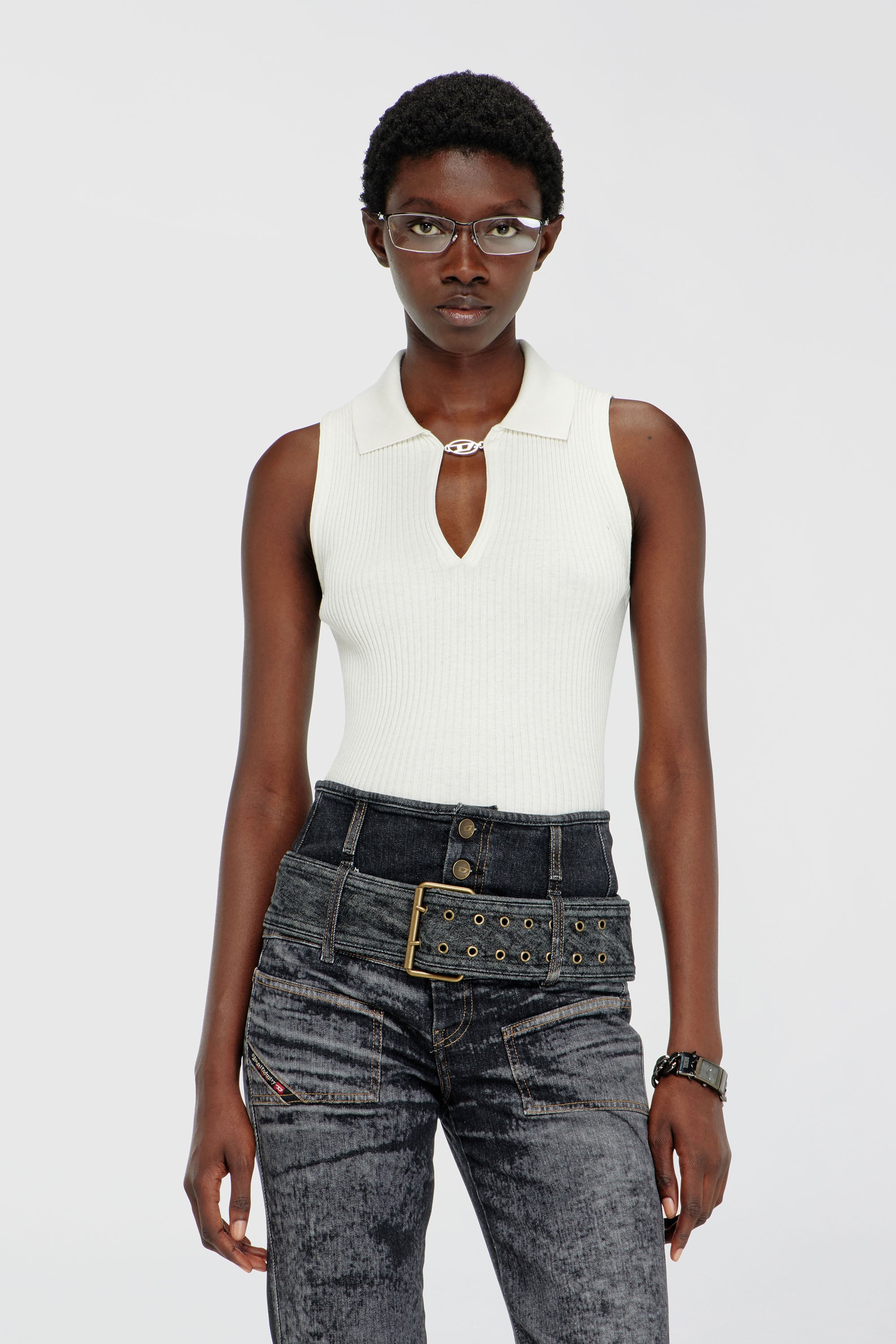 Diesel - M-LILITA, Top tipo polo sin mangas de punto acanalado en mezcla de seda Mujer in Blanco - 3