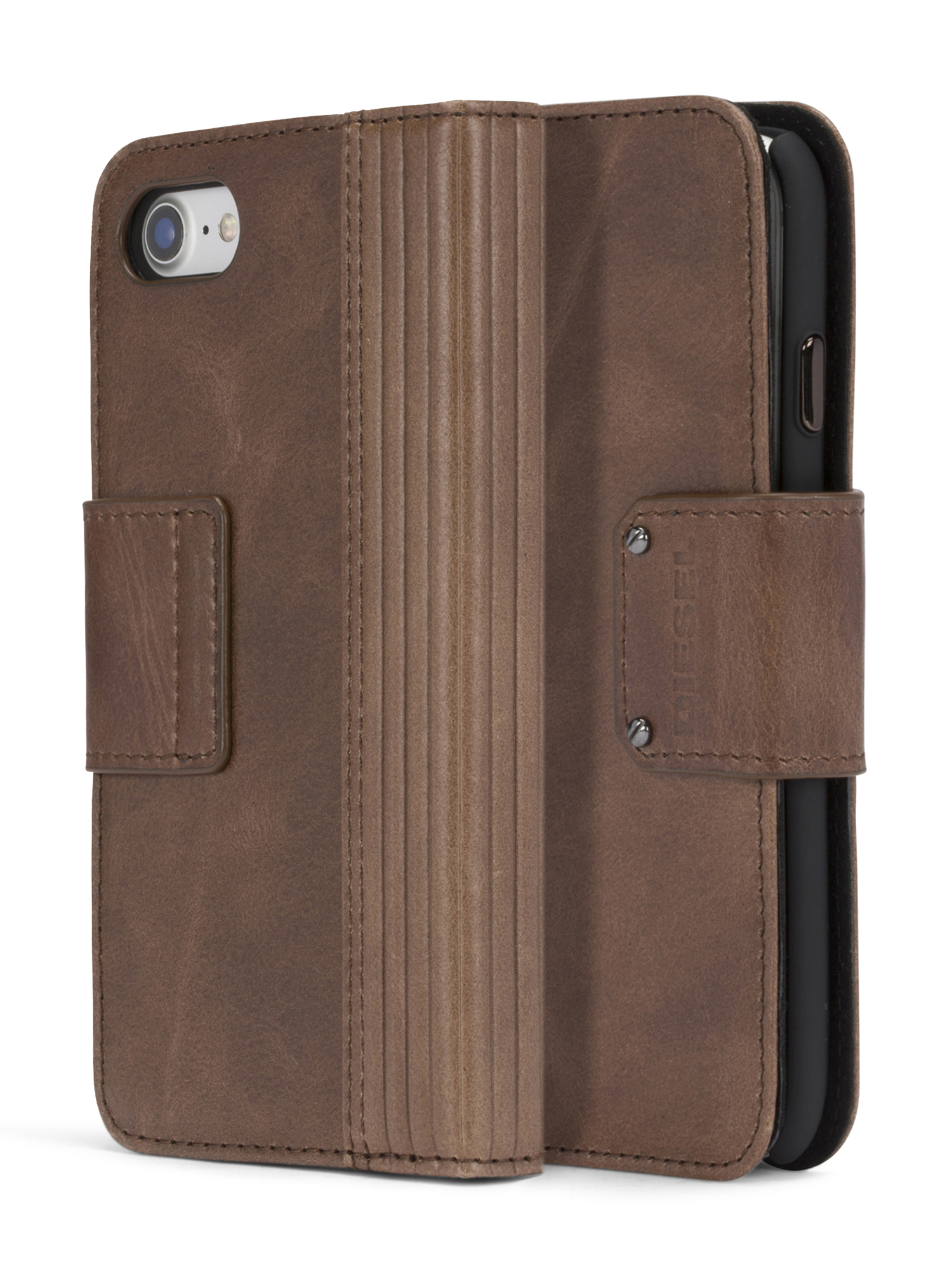 Diesel - BROWN LINED LEATHER IPHONE 8 PLUS/7 PLUS FOLIO, Unisex's Lined leather folio, iPhone 8 Plus/7 Plus in Brown - 3