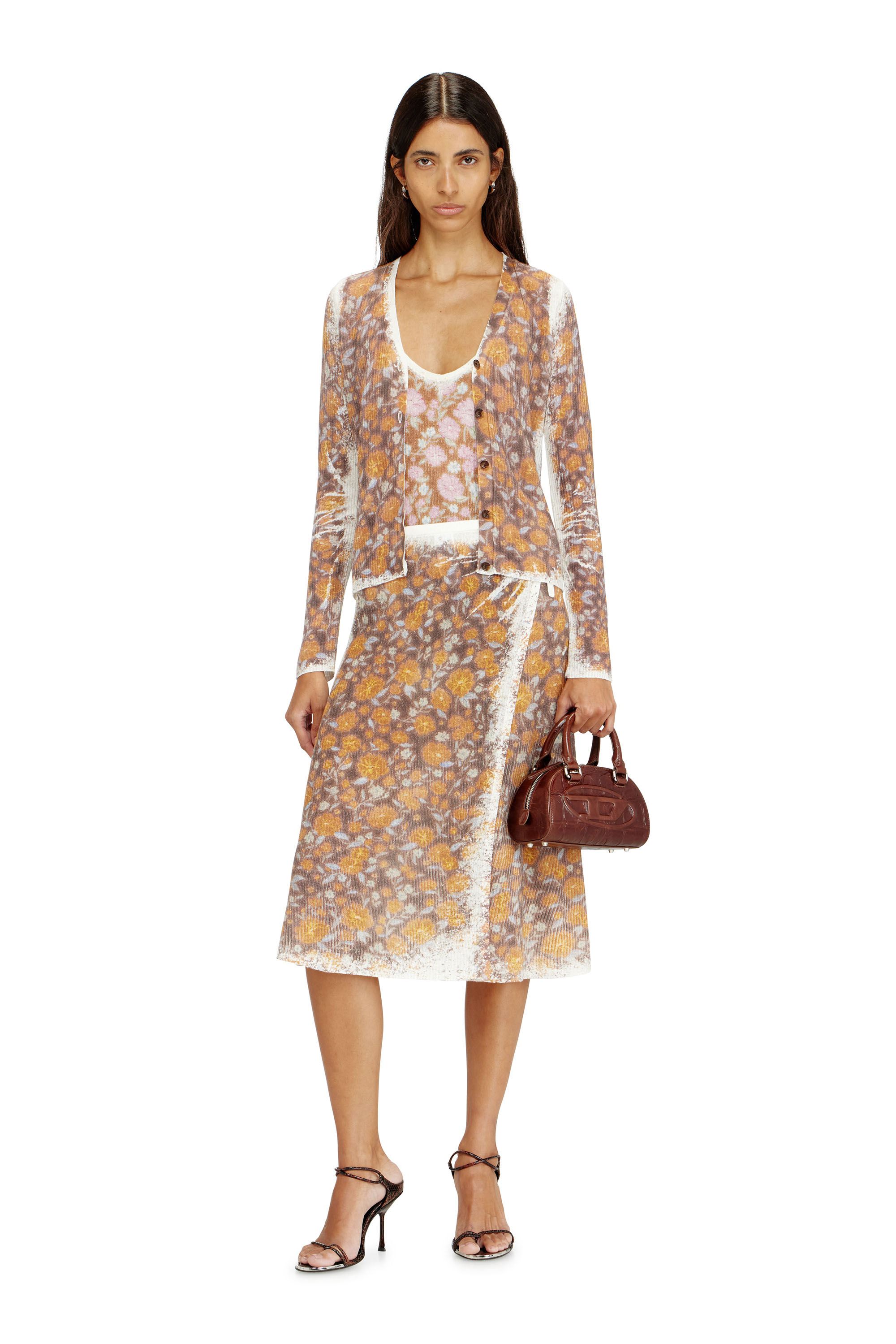 Diesel - M-BLOMETTE, Falda midi cruzada de punto de lino con estampado floral Mujer in Marr&oacute;n - 2