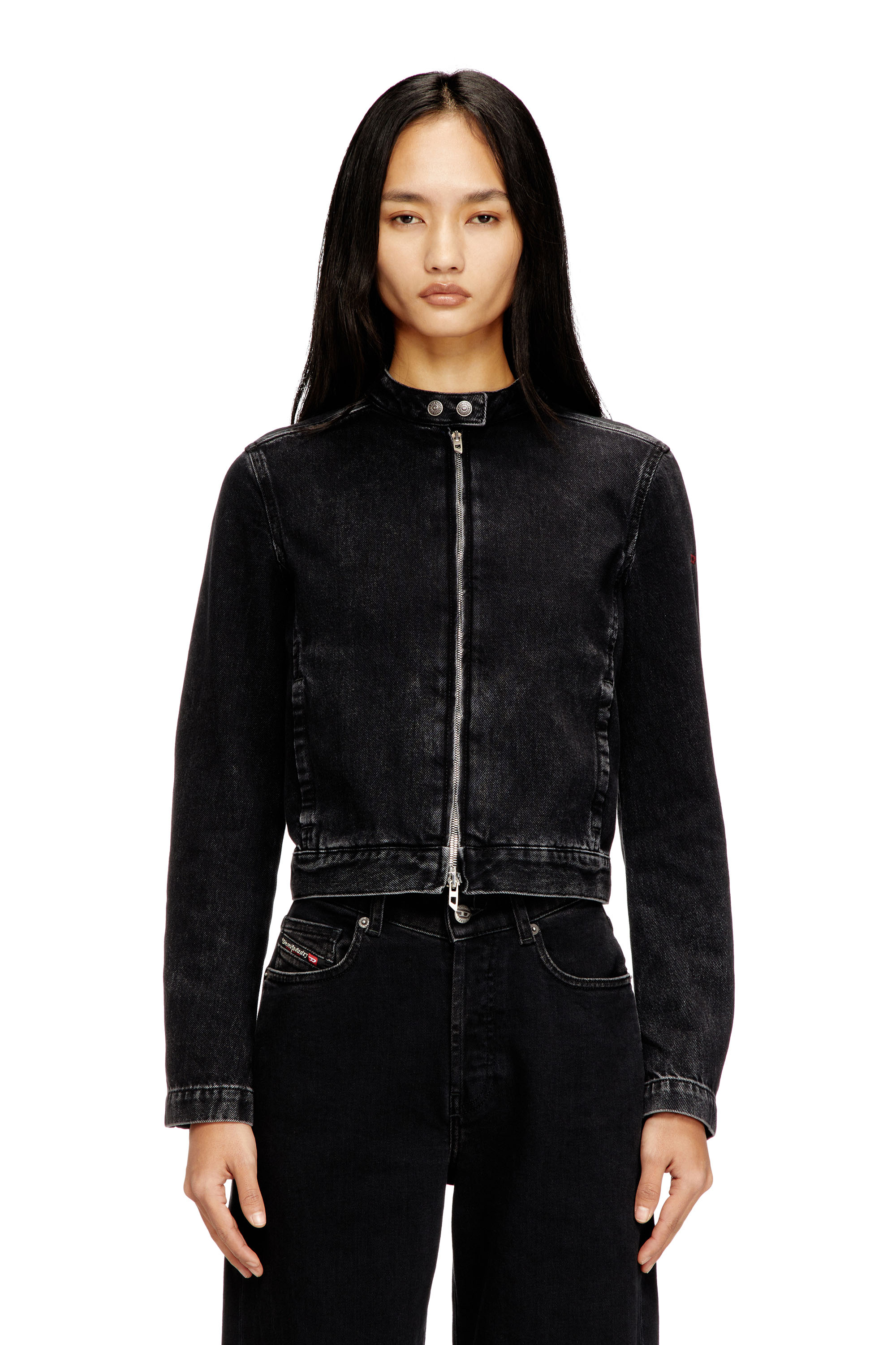 Diesel - DE-MORNIN, Chaqueta moto de mezclilla en denim de lavado oscuro Mujer in Negro - 1