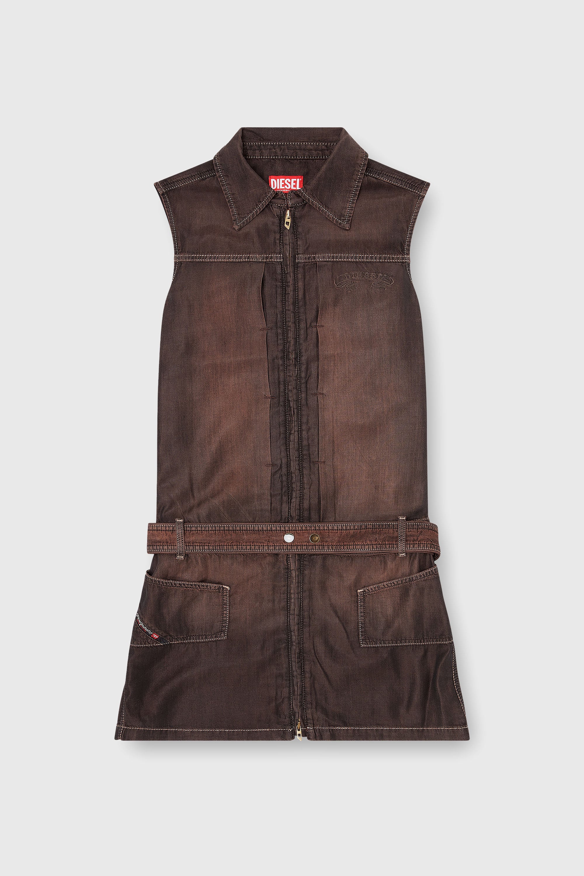 Diesel - DE-EDROS-S, Robe courte en denim enduit fluide Femme in Marron - 2
