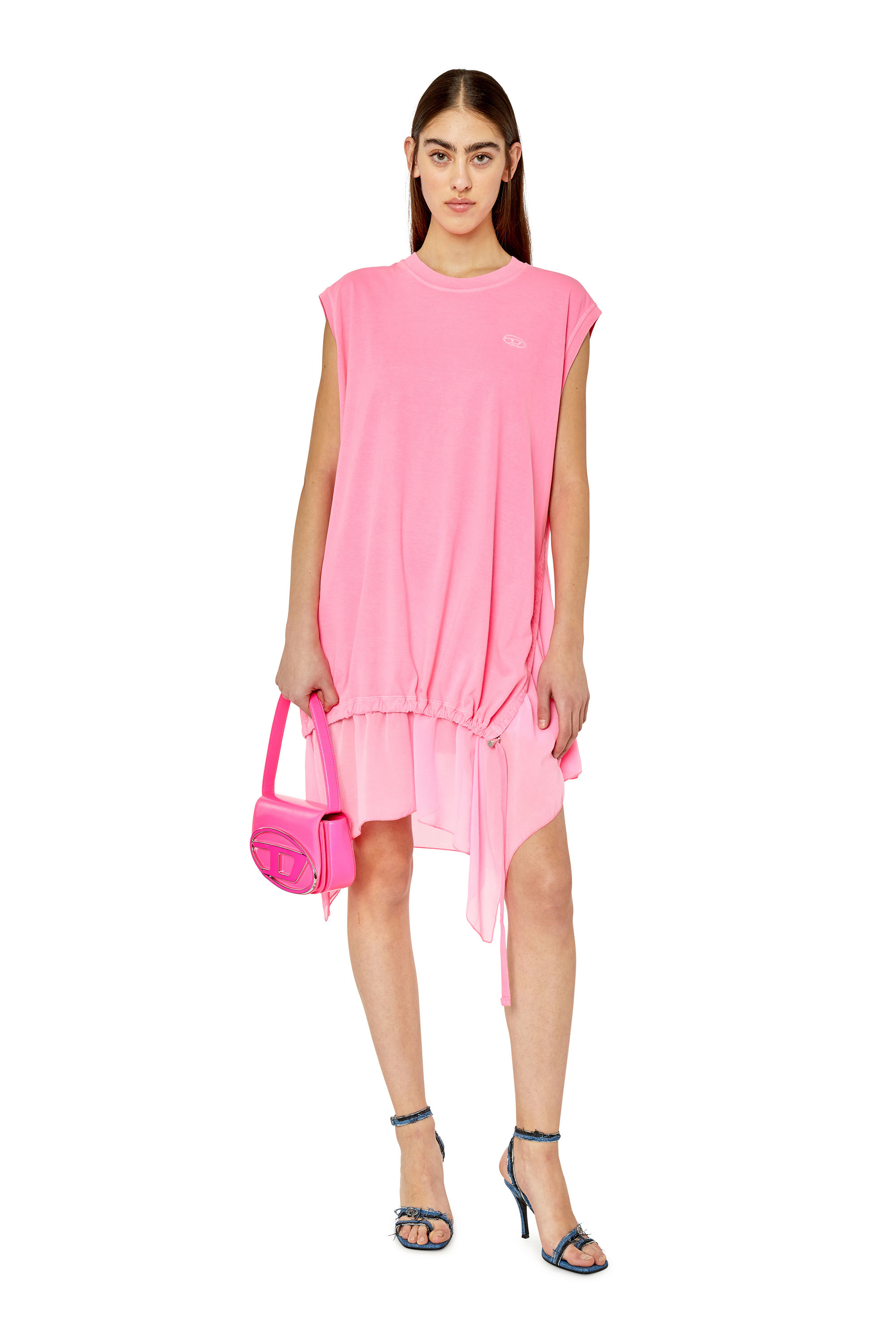 Diesel - D-ROLLETTY, Vestido camiseta con dobladillo en georgette Mujer in Rosa - 1