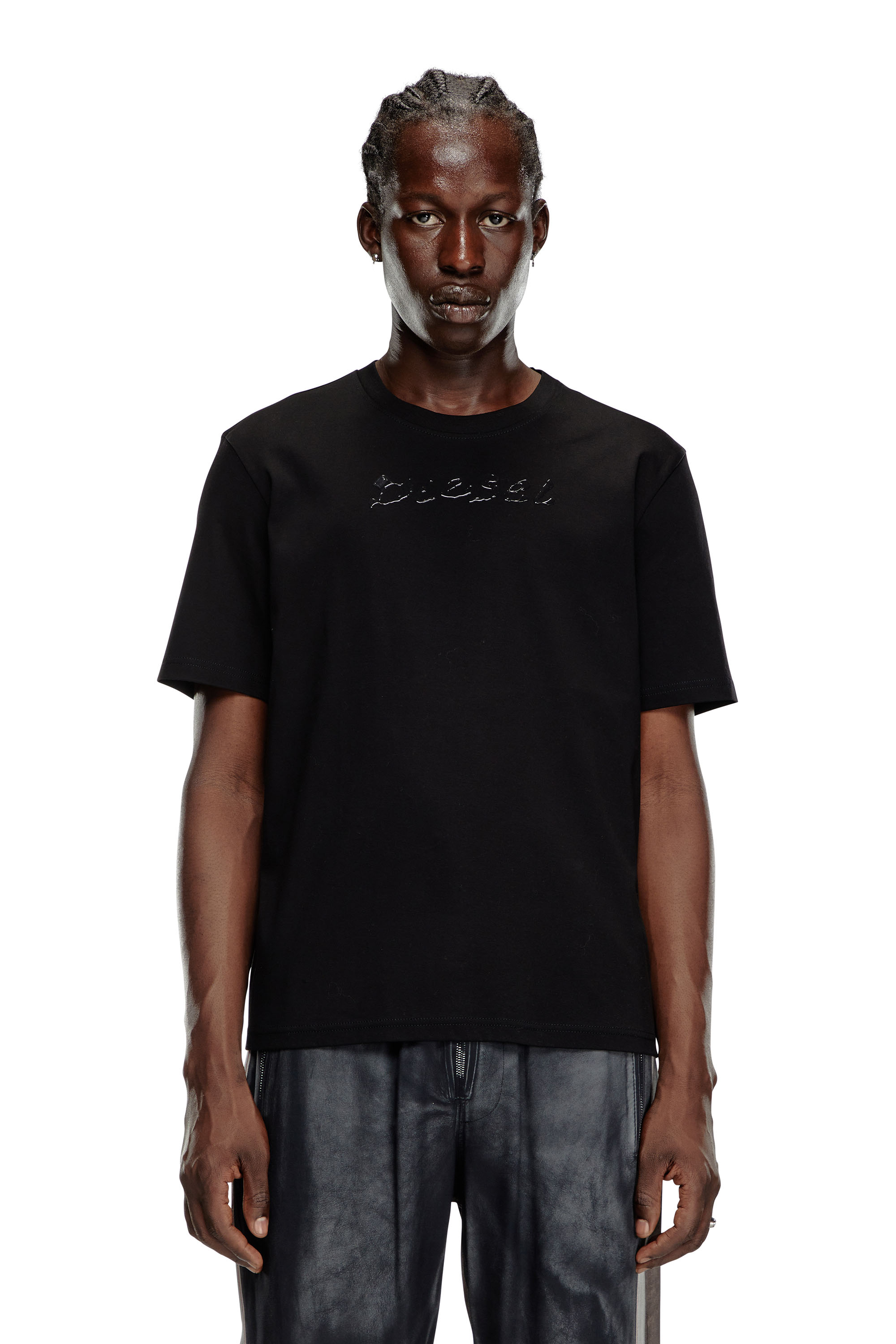 Men's Mercerised cotton T-shirt with tonal logo | Black | Diesel