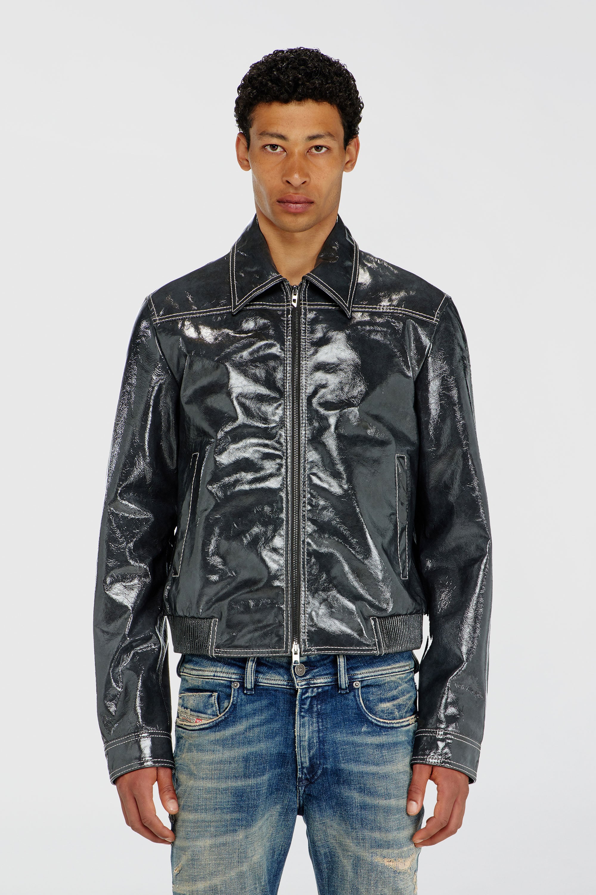 Diesel - L-ADDI, Veste en cuir verni Homme in Gris - 1
