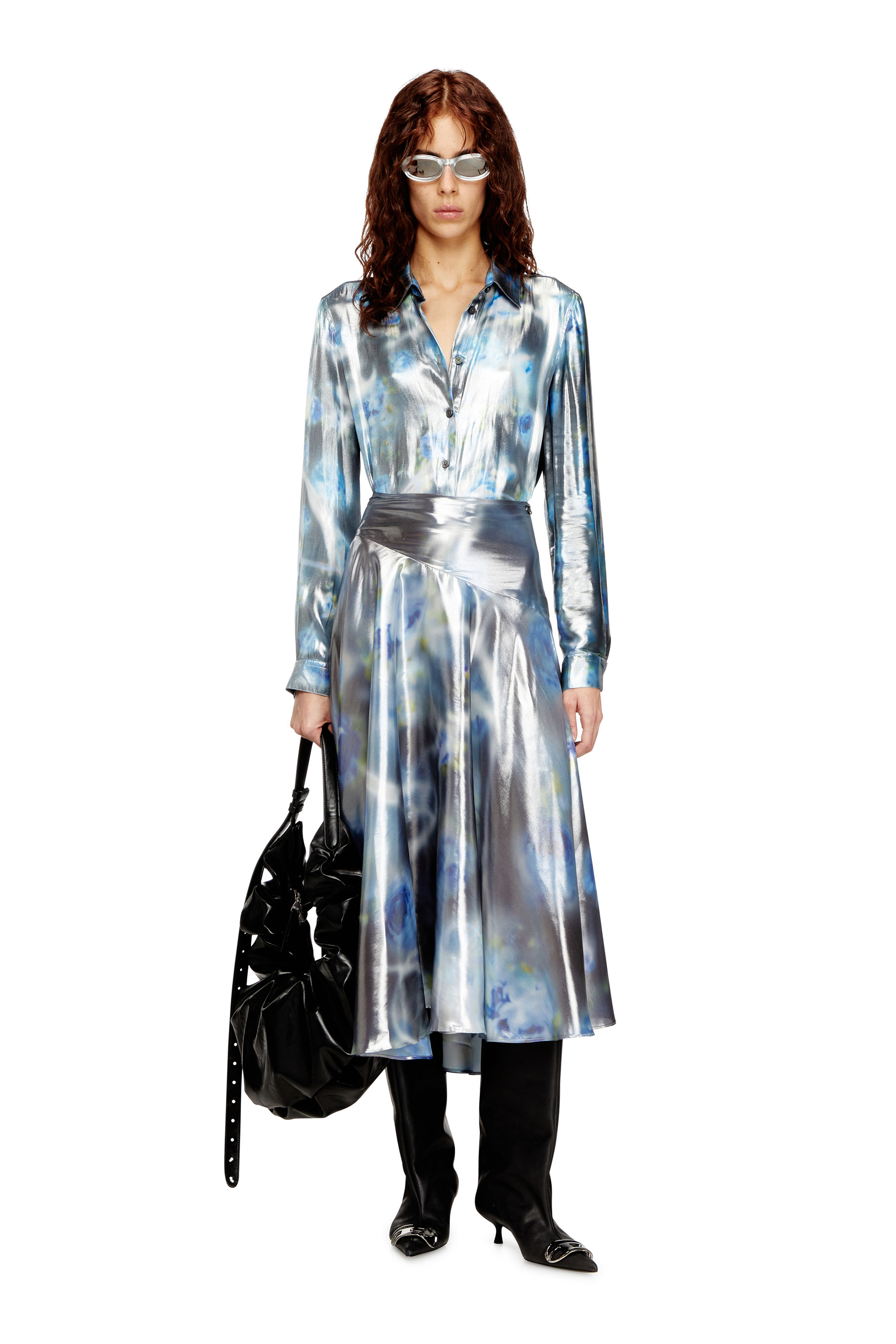 Diesel - O-ZULIE-S2, Female's Metallic midi skirt with blurred rose print in Blue/Black - 2