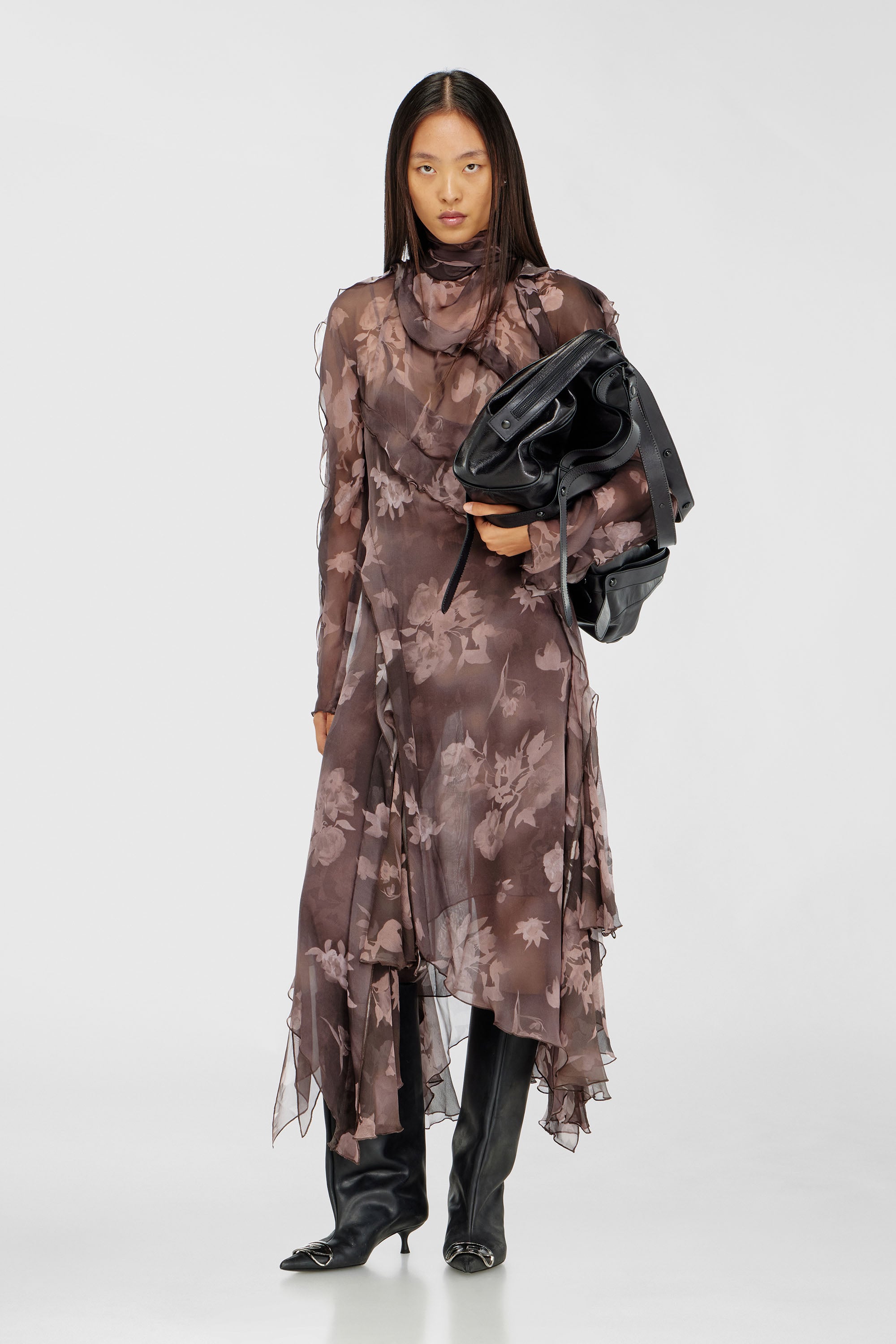 Diesel - D-RIADI, Robe midi asym&eacute;trique en chiffon et cr&ecirc;pe de soie Femme in Marron - 1
