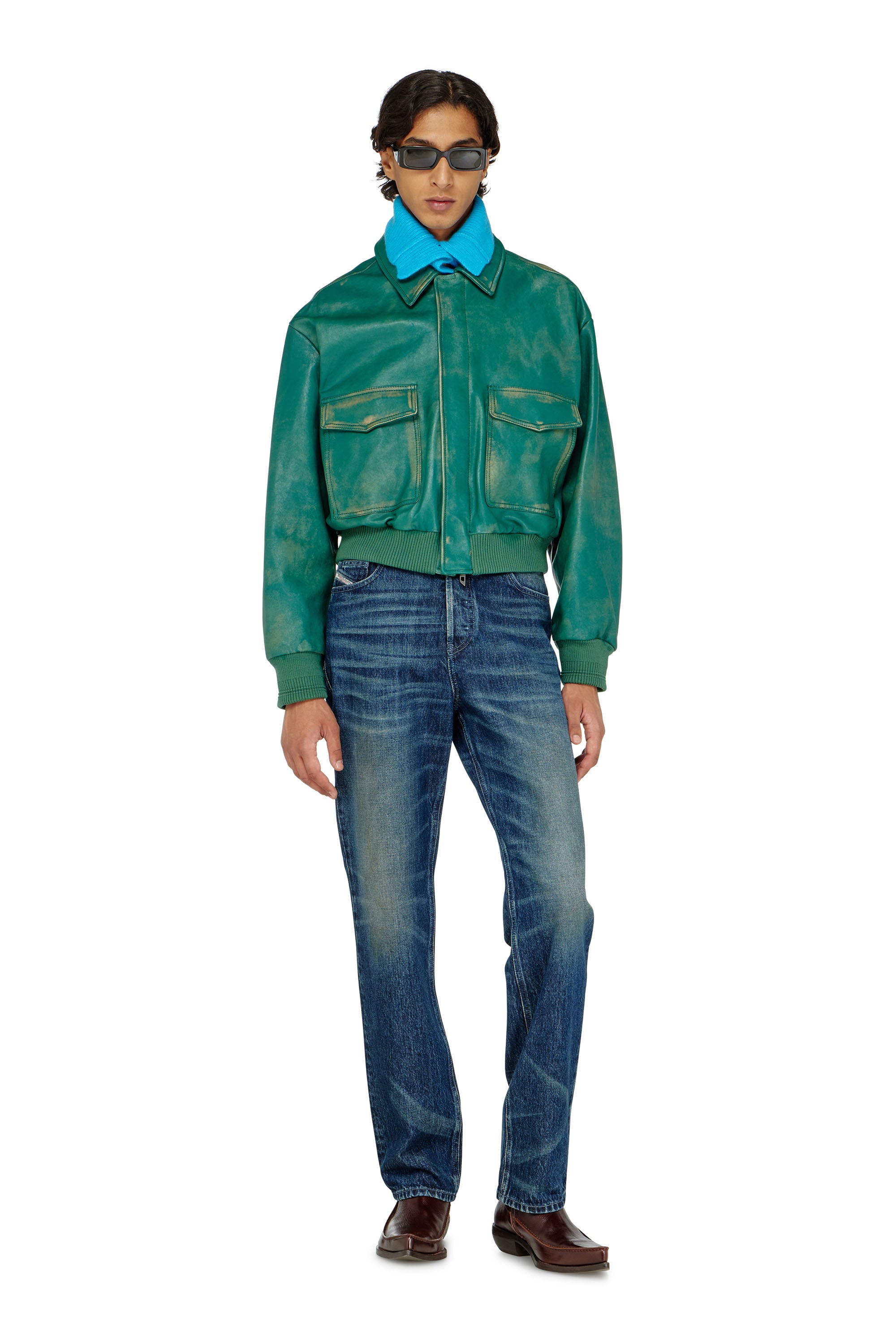 Diesel - L-UMAN, Man's Aviator jacket in treated leather in Green - 2
