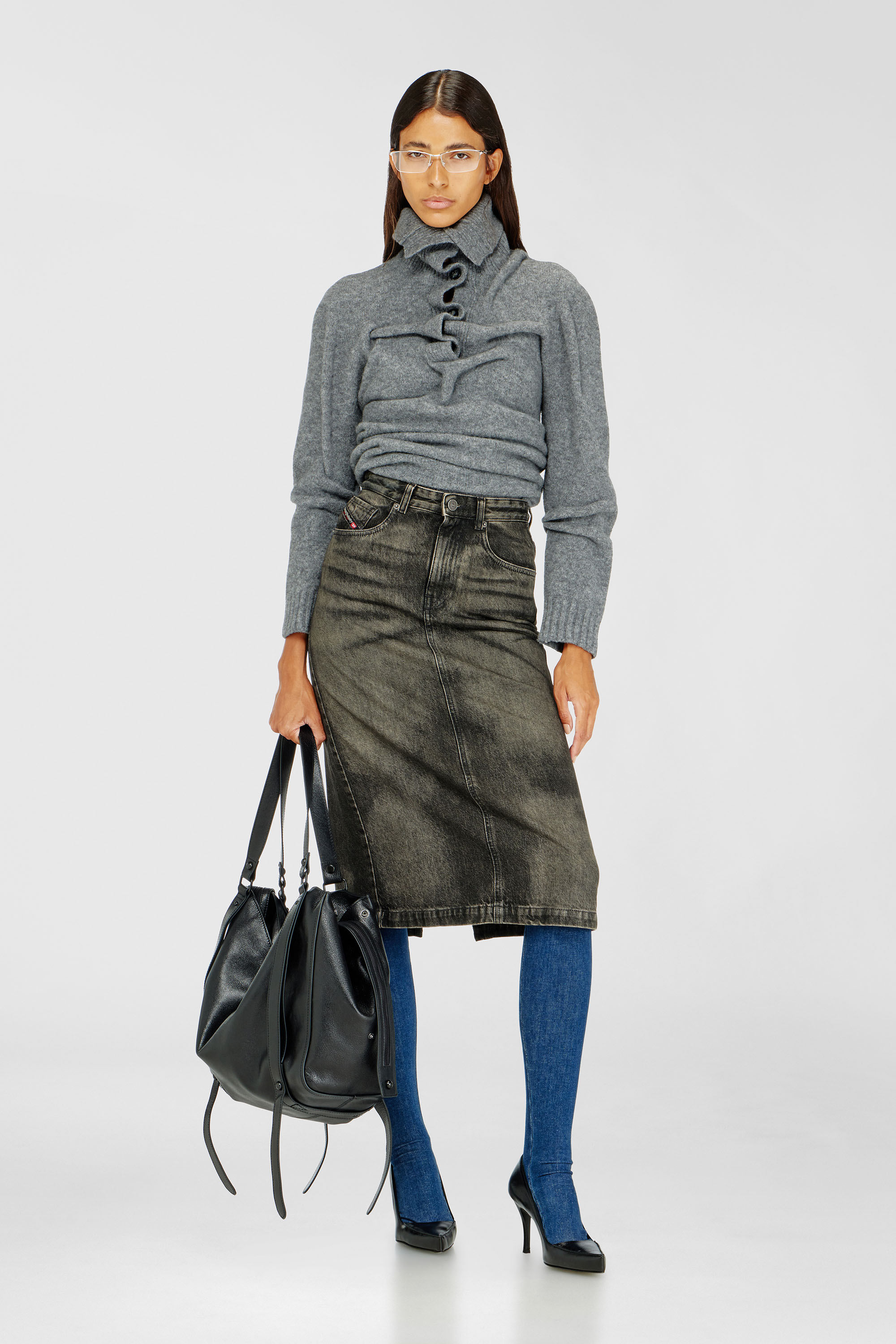 Diesel - DE-PENDY-FSJ, Woman's Pencil skirt in dirty-effect denim in Dark grey - 1