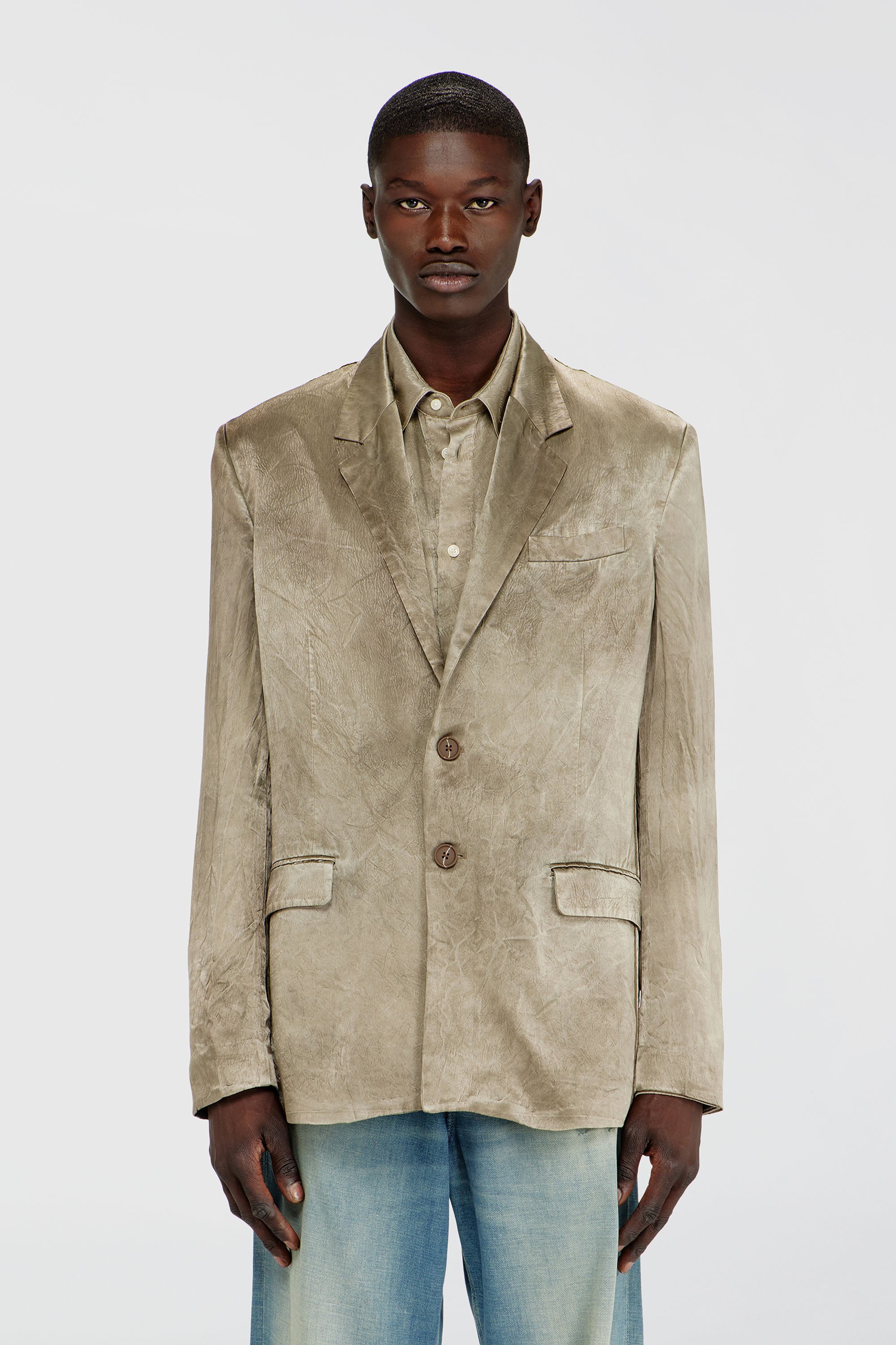Diesel - J-ANDRE, Blazer en satin froiss&eacute; Homme in Marron - 1