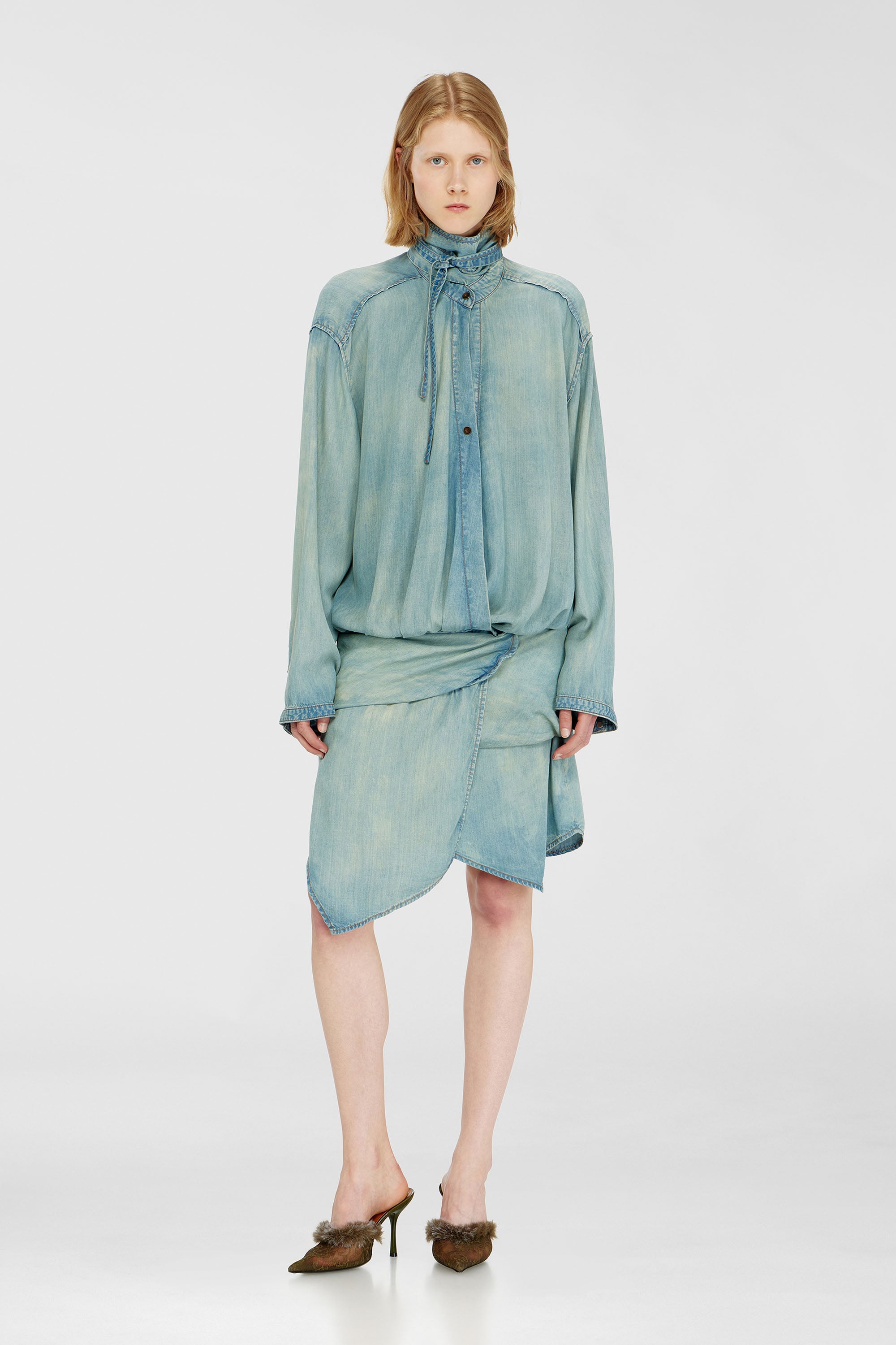 Diesel - DE-TILORA-S, Woman's Oversized draped denim shirt dress in Light Blue - 1