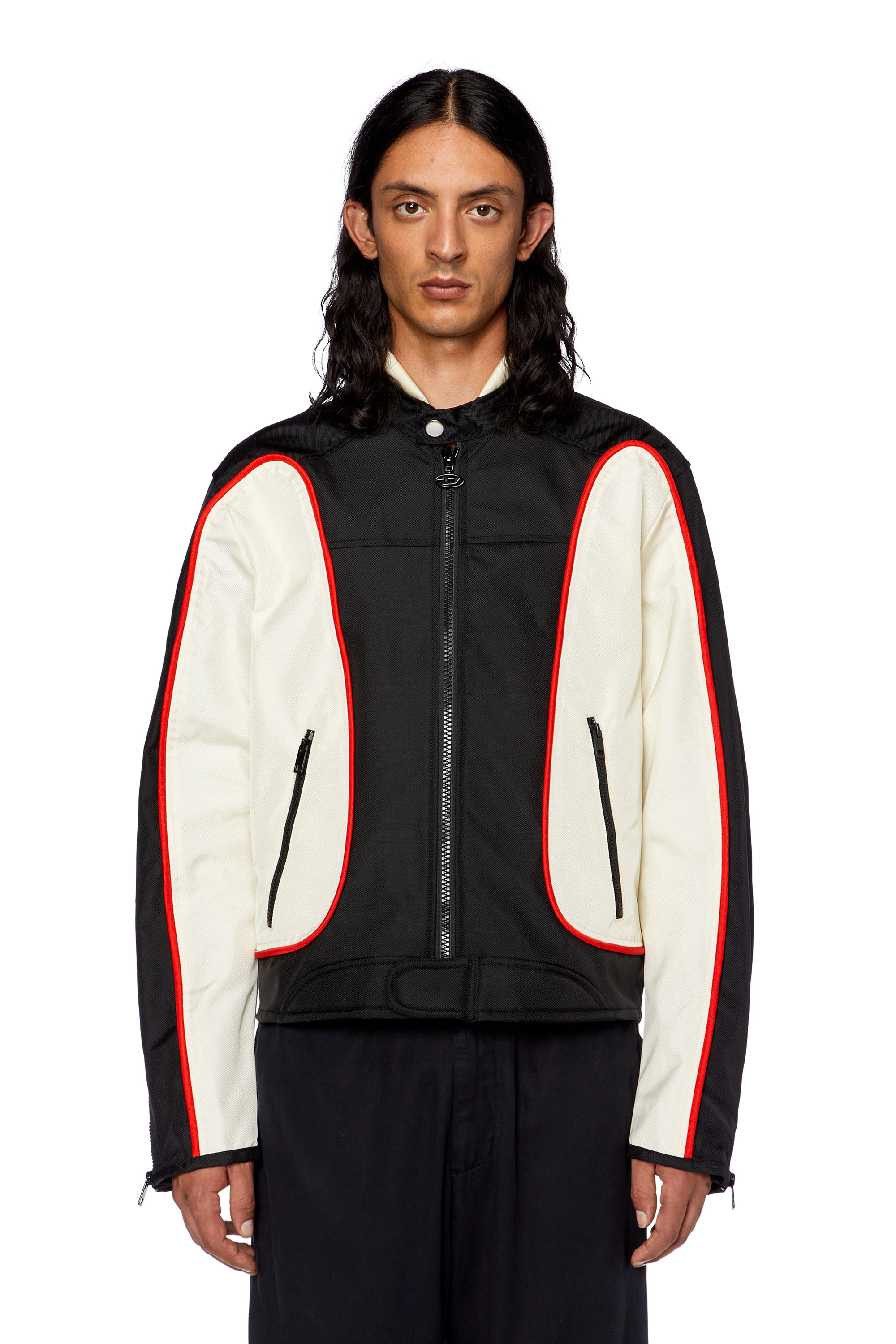Diesel - J-BLINK, Male's Biker jacket in colour-block nylon in Black/White - 4