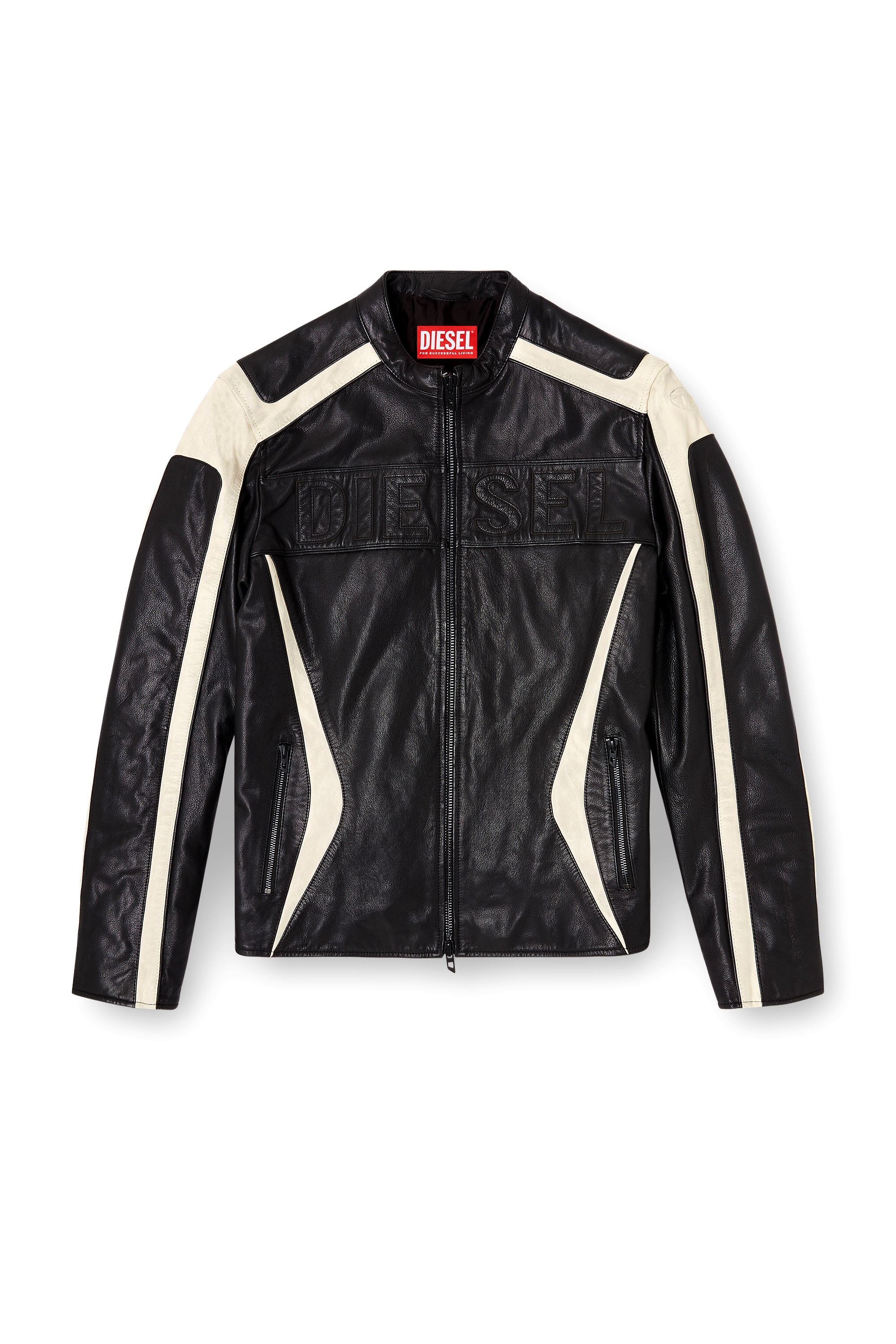 Diesel - L-ADAM, Male's Colour-block leather biker jacket in Black/White - 2