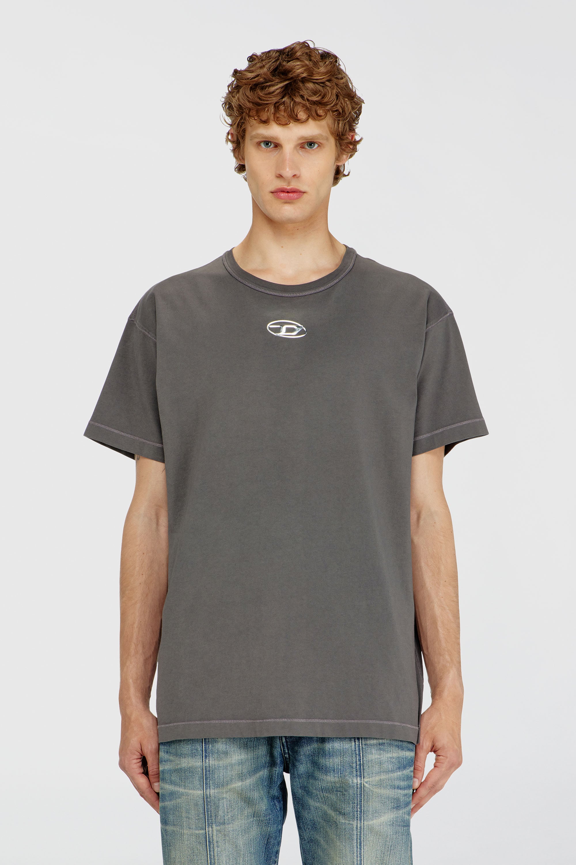Diesel - T-NORM-IOD, Man's Light cotton T-shirt with metallic Oval D logo in Grey - 1