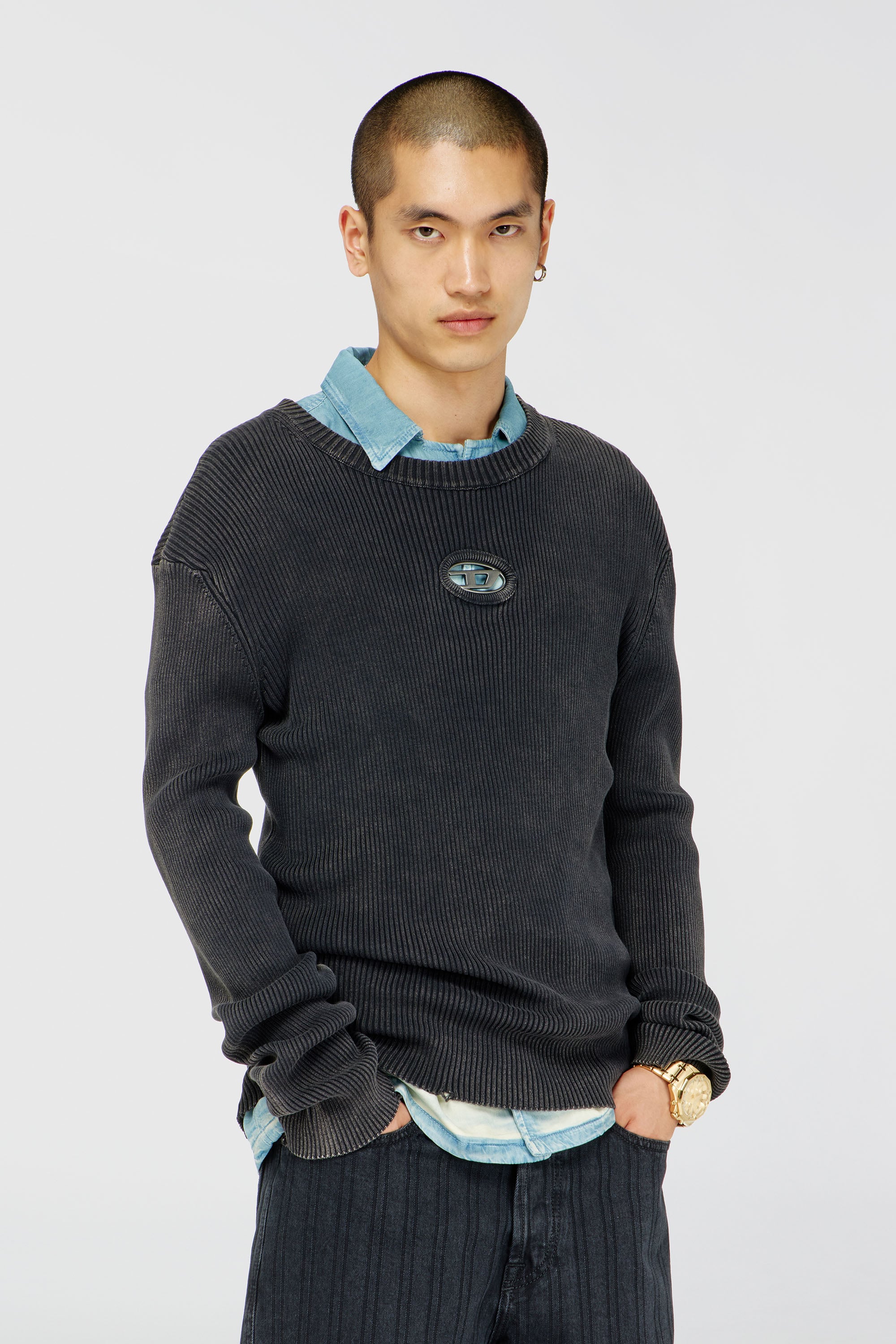 Diesel - K-DARREN-D, Male's Cut-out ribbed jumper with Oval D plaque in Grey - 1