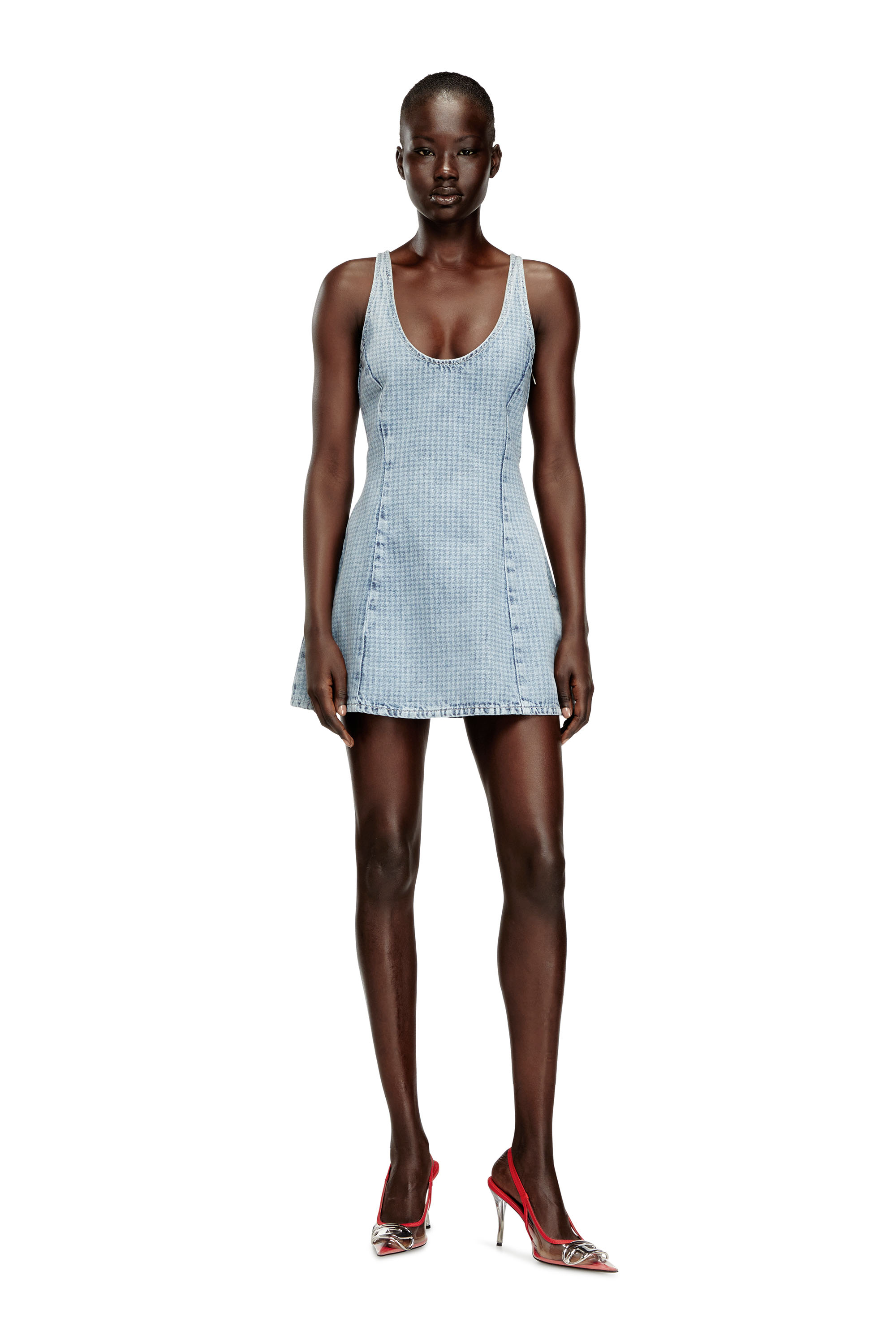 Diesel - DE-SWEENEY-S1, Female's Short dress in houndstooth denim with crystals in Light Blue - 3