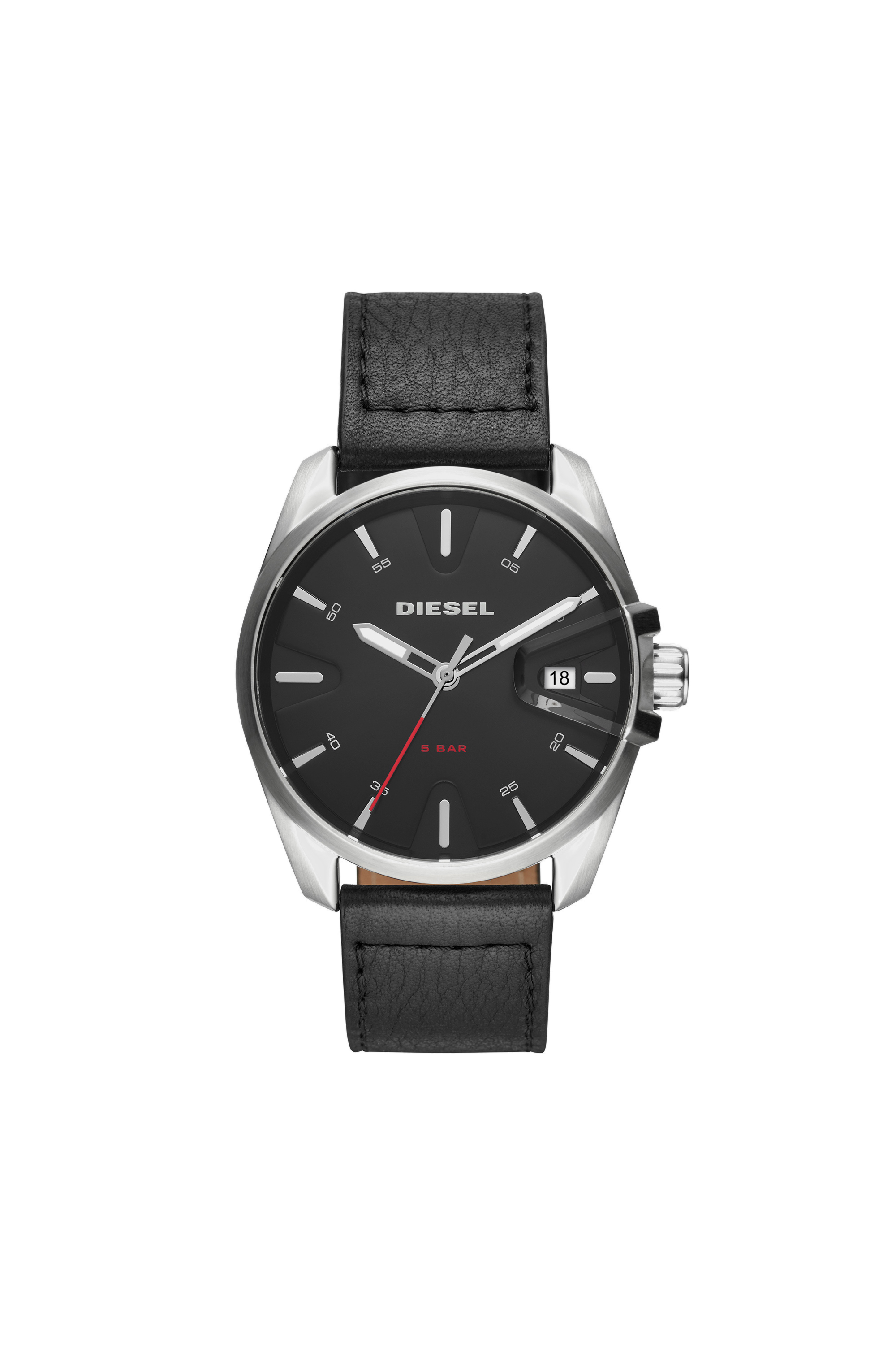MS9 Chrono black watch with leather strap, 44 mm