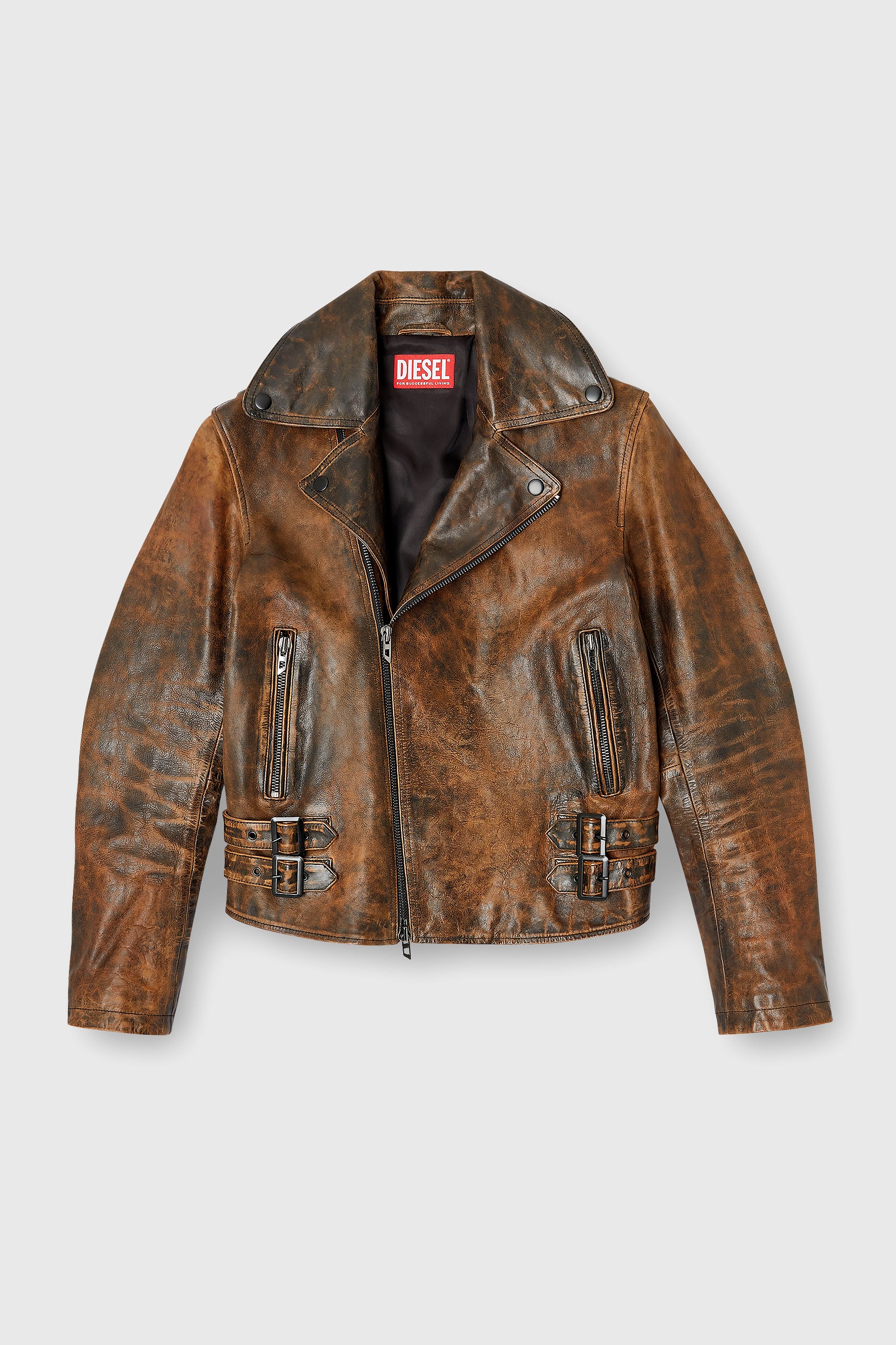 Diesel - L-EON, Man's Biker jacket in treated leather in Brown - 2