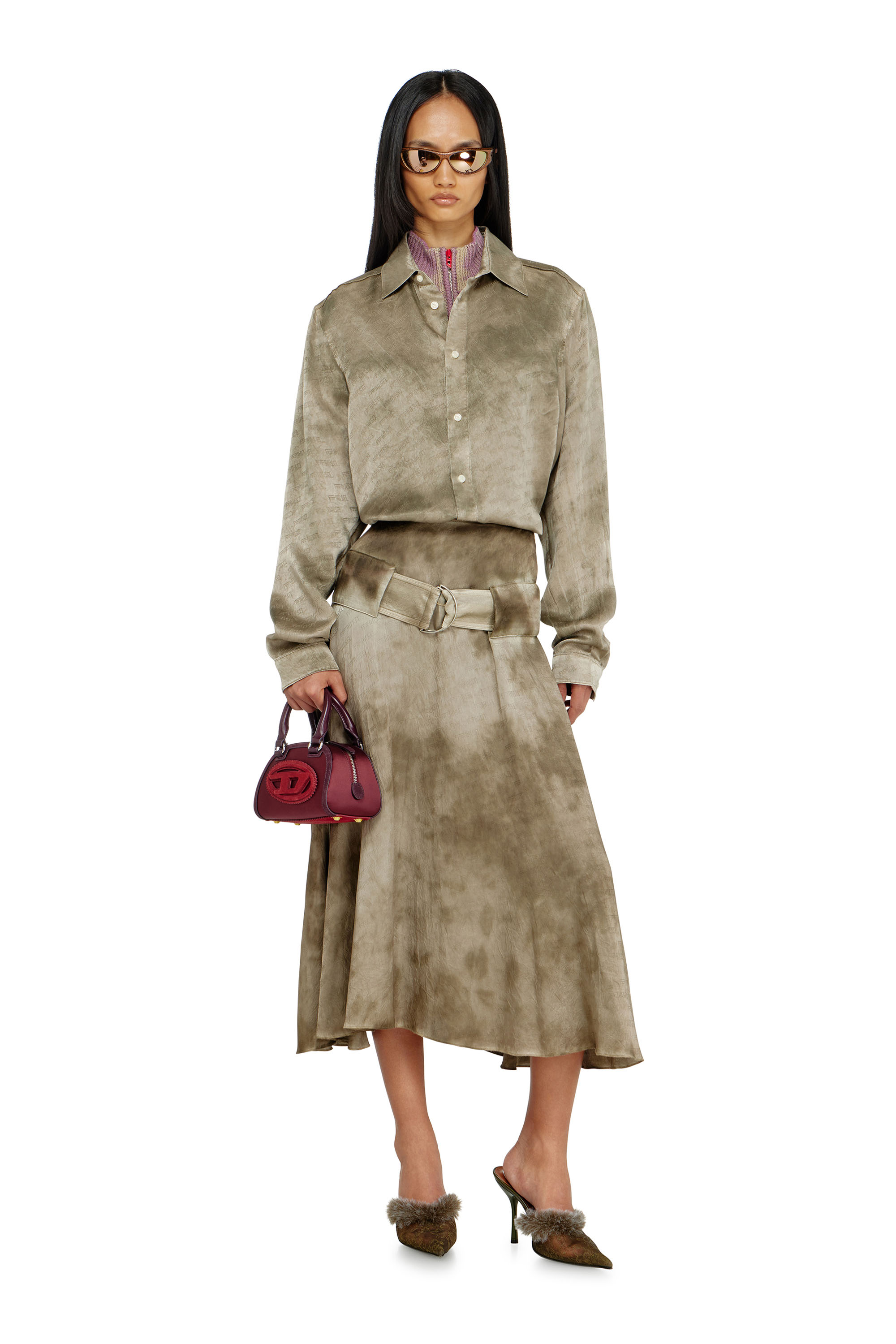 Diesel - O-DYLE, Female's Belted midi skirt in logo-jacquard satin in null - 1