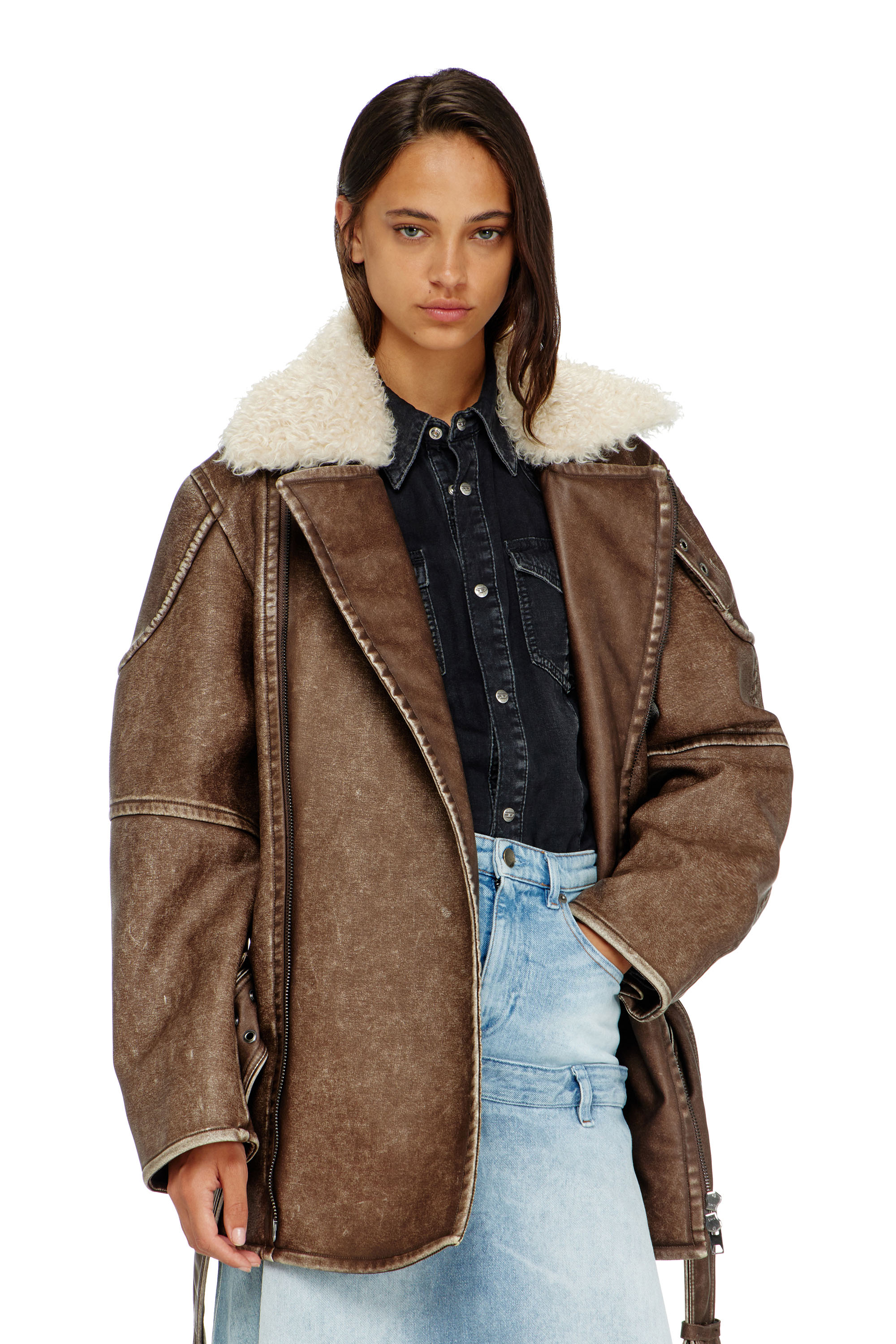 Diesel - G-EYSER, Female's Double-breasted aviator-biker coat in Brown - 6