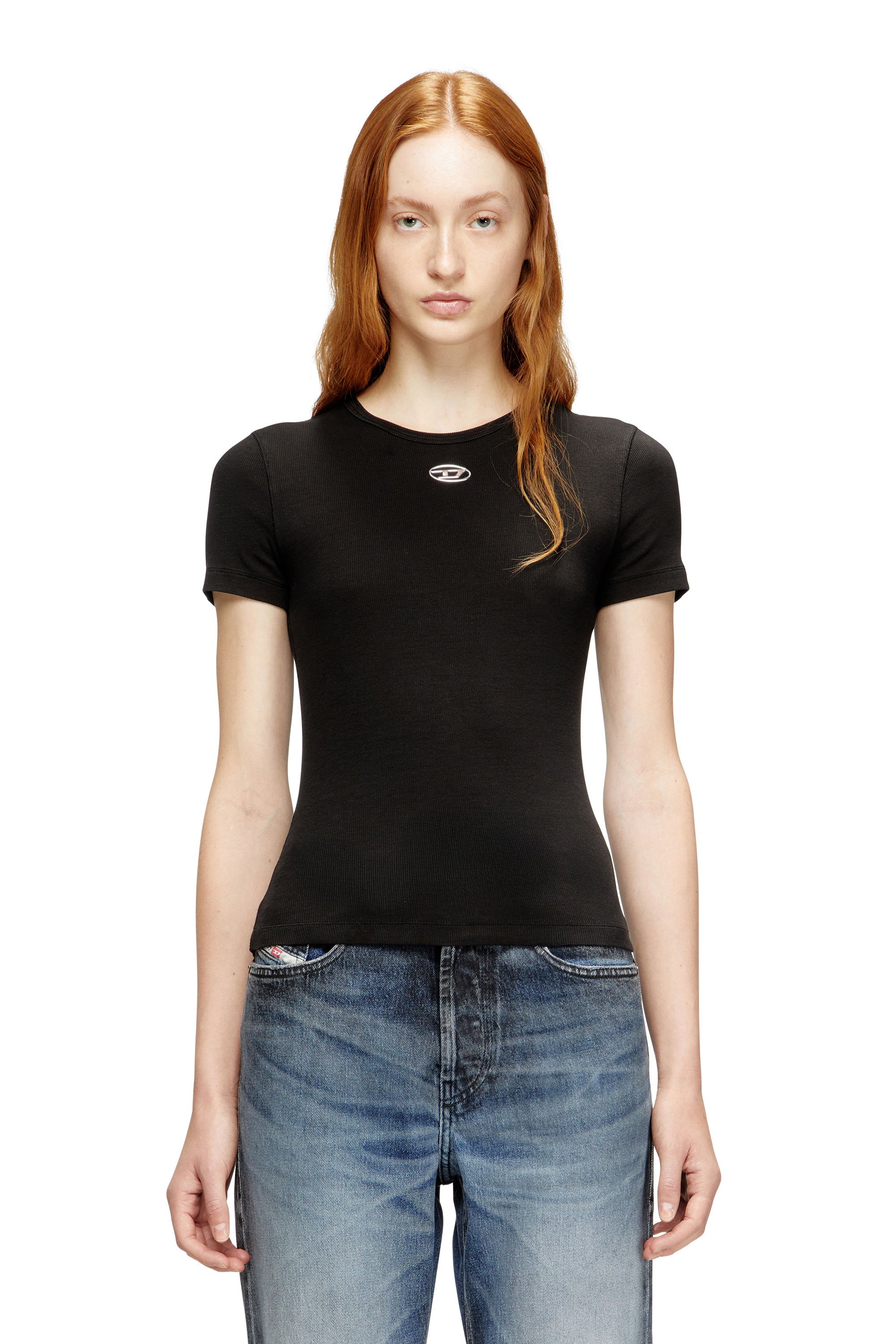 Diesel - T-ELE-LONG-OD, Female's Slim ribbed T-shirt with metallic Oval D in Black - 1