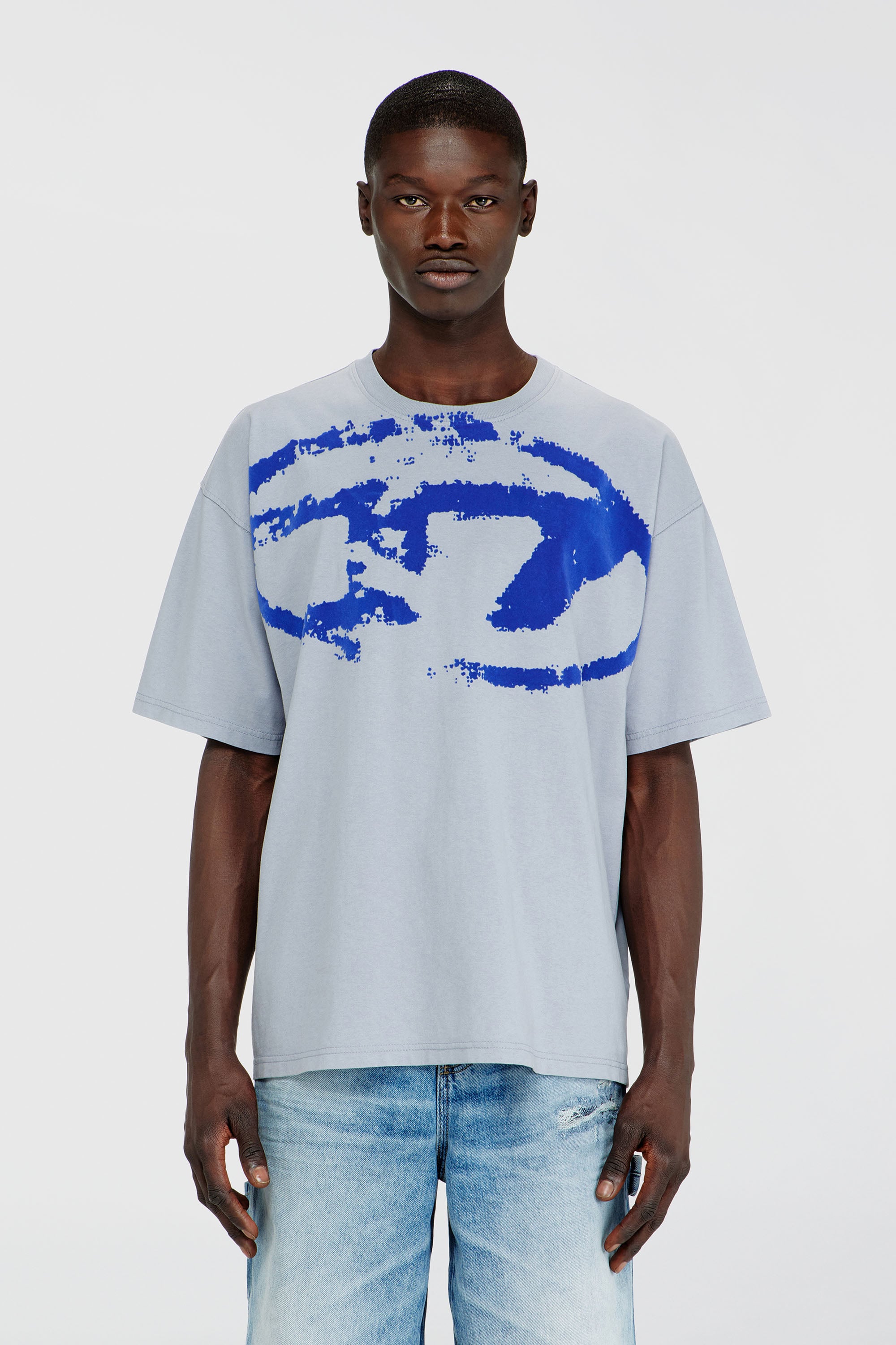 Diesel - T-BOXT-N14, Man's T-shirt with distressed flocked logo in Light Blue - 1