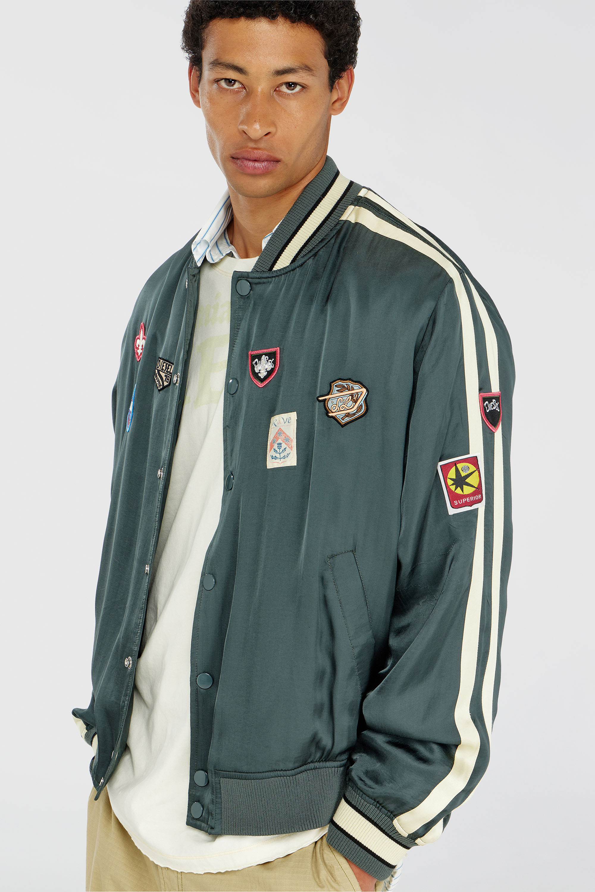 Diesel - J-ANNU, Man's Satin bomber jacket with patches in Dark Green - 4