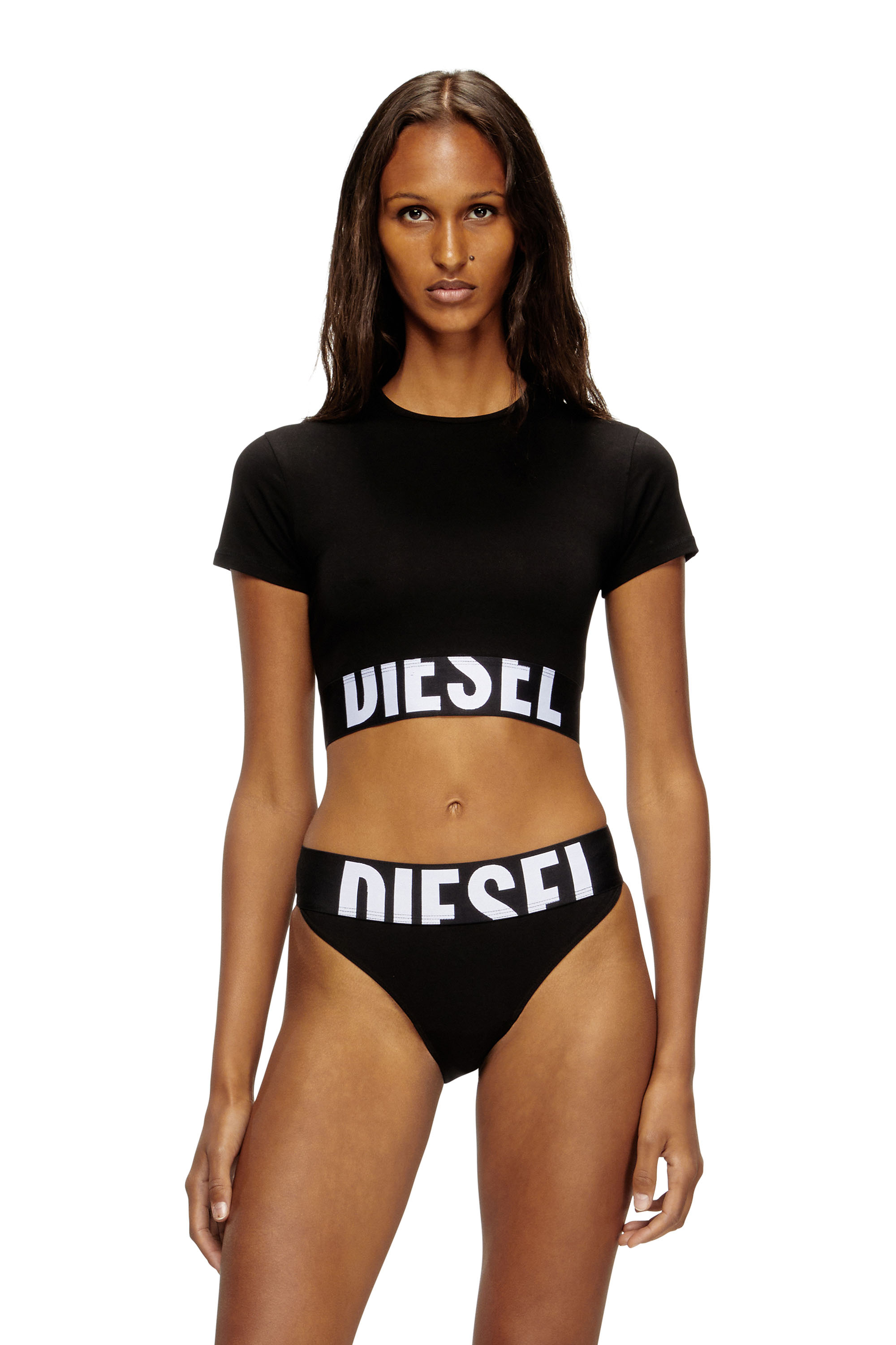 Diesel - UFTEE-SPORT-CROPPED-T-SHIRT, Woman's Sporty cropped top with logo band in Black - 1