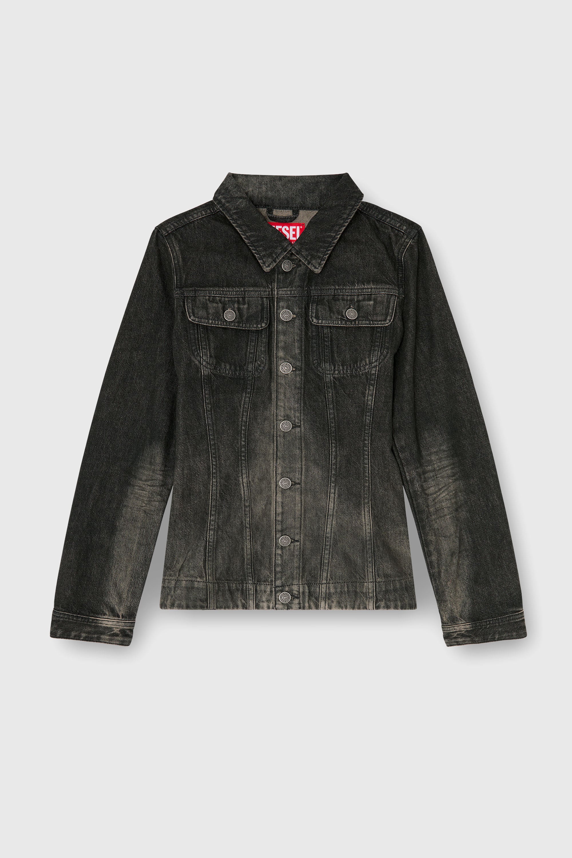 Diesel - DE-KATERIN-FSJ, Woman's Fitted trucker jacket in dirty-effect denim in Black - 2