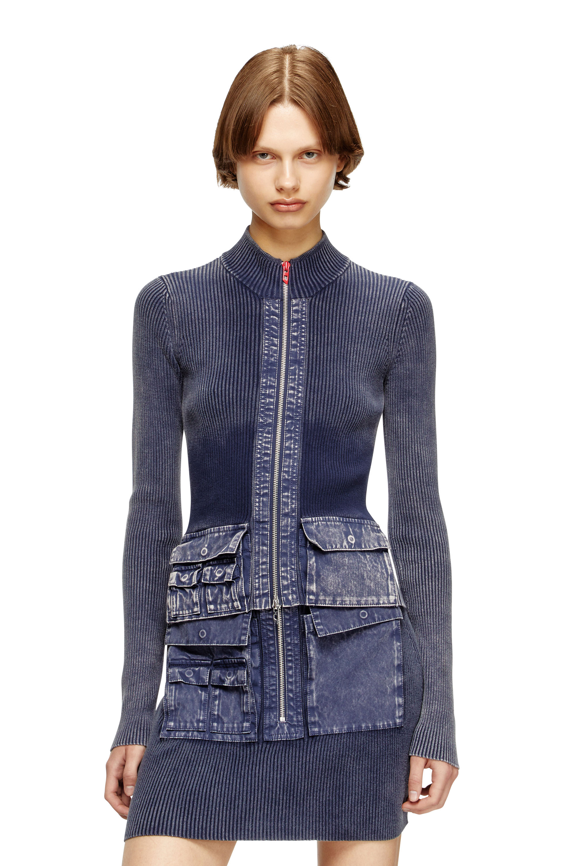 Diesel - M-MELISSA, Woman's Zip-up cardigan with denim cargo pockets in Dark Blue - 1