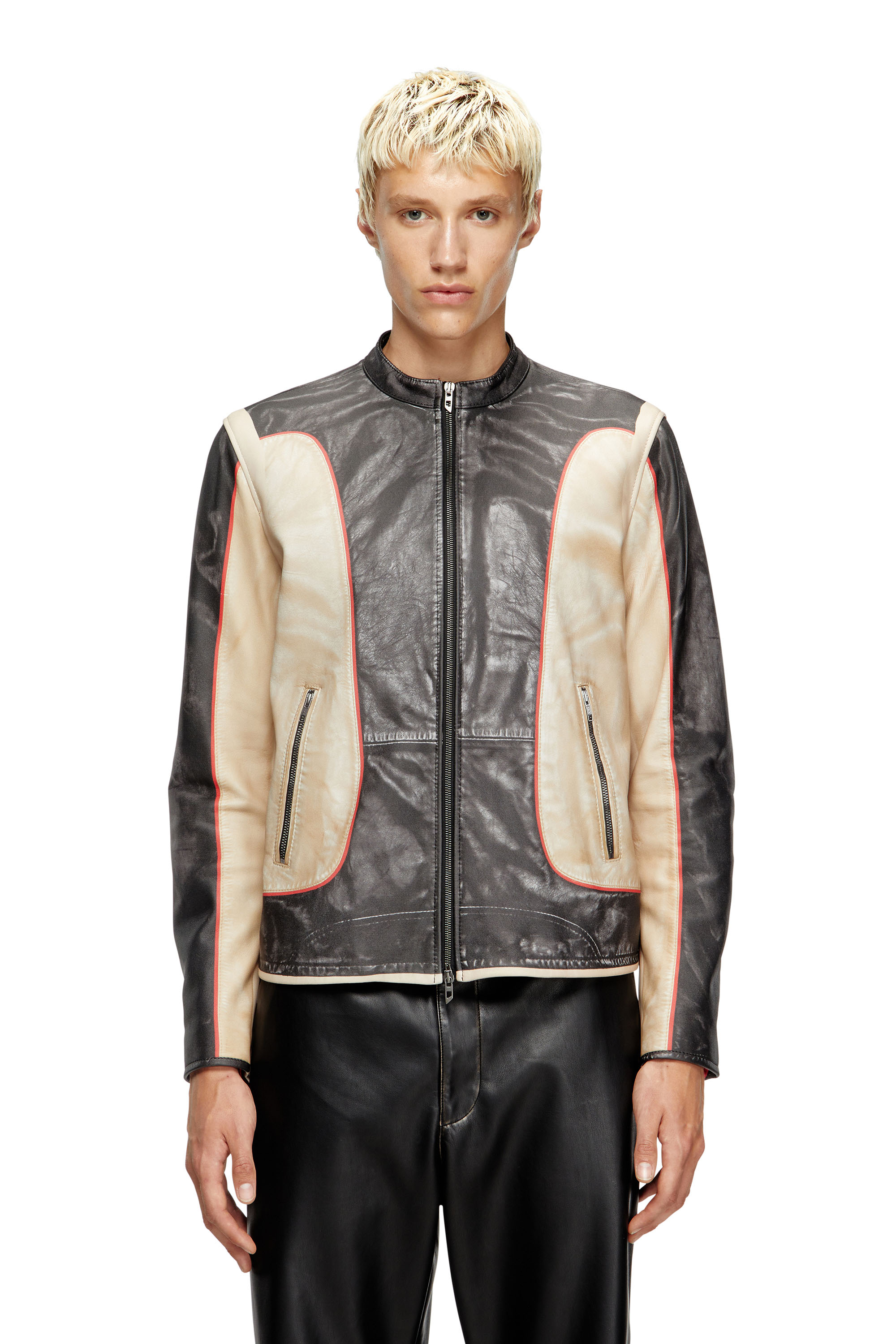 Diesel - L-EVERT, Male's Trompe l'oeil-effect leather biker jacket in Beige/Black - 3