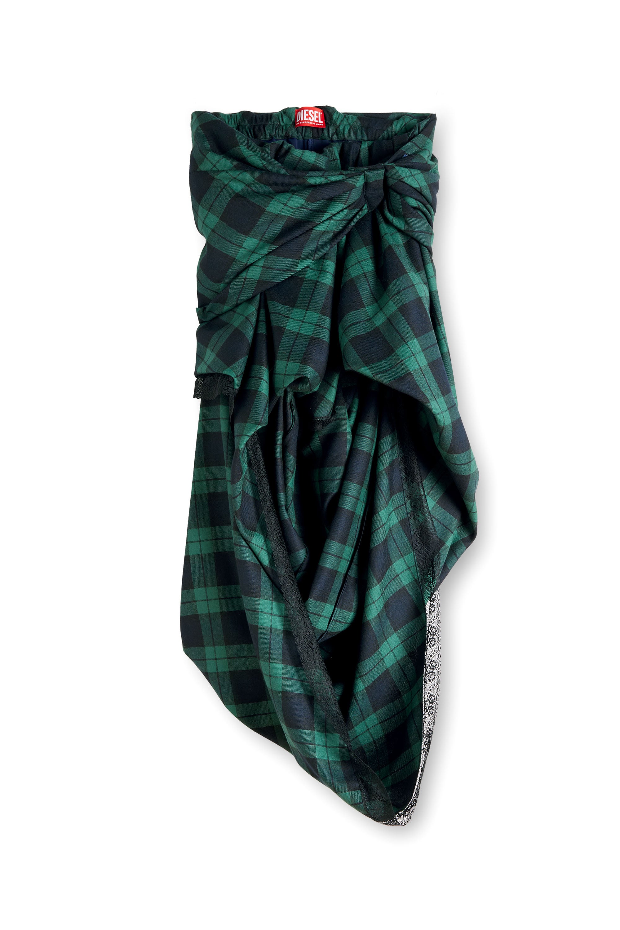 Diesel - O-WINNY, Woman's Draped tartan midi skirt with lace trim in Green/Blue - 3