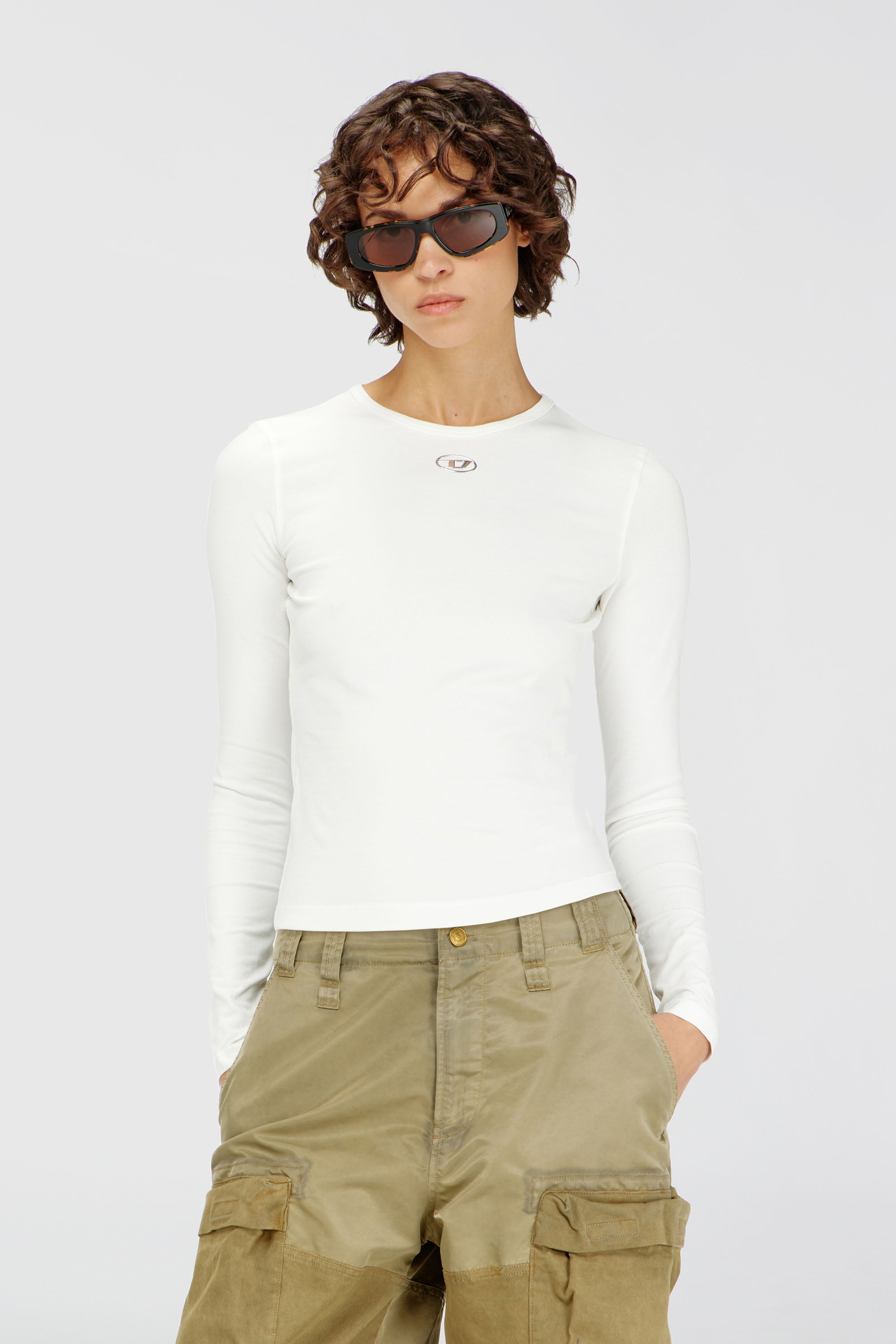 Diesel - T-UNCUTIESLONG-LS-OD, Jersey de algod&oacute;n con logotipo Oval D Mujer in Blanco - 3