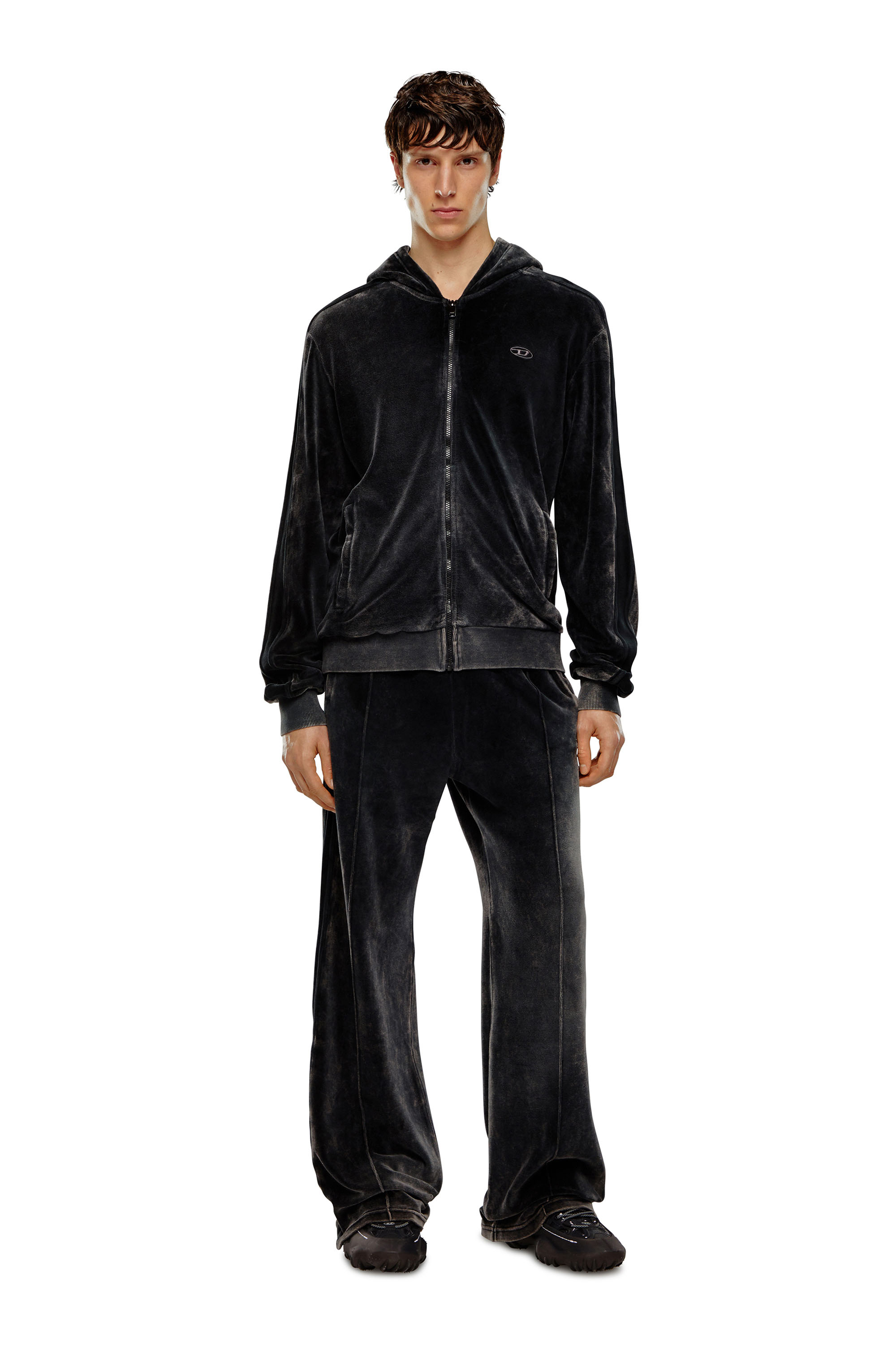 Men's Acid-wash chenille zip-up hoodie | Black | Diesel