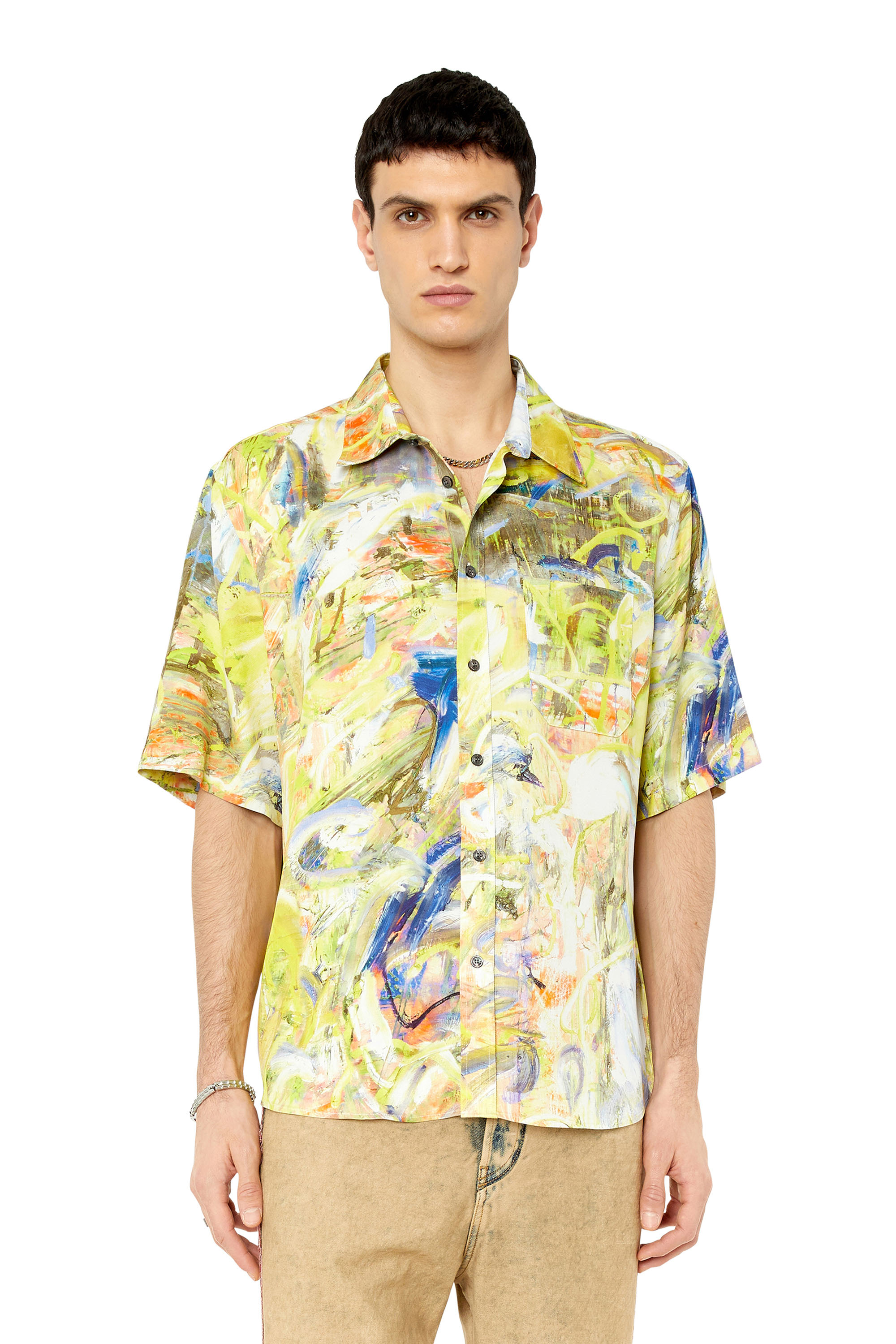 Diesel - S-UMBE-SSL-PRINT, Man's Short sleeve shirt in printed twill in Green/Yellow - 3