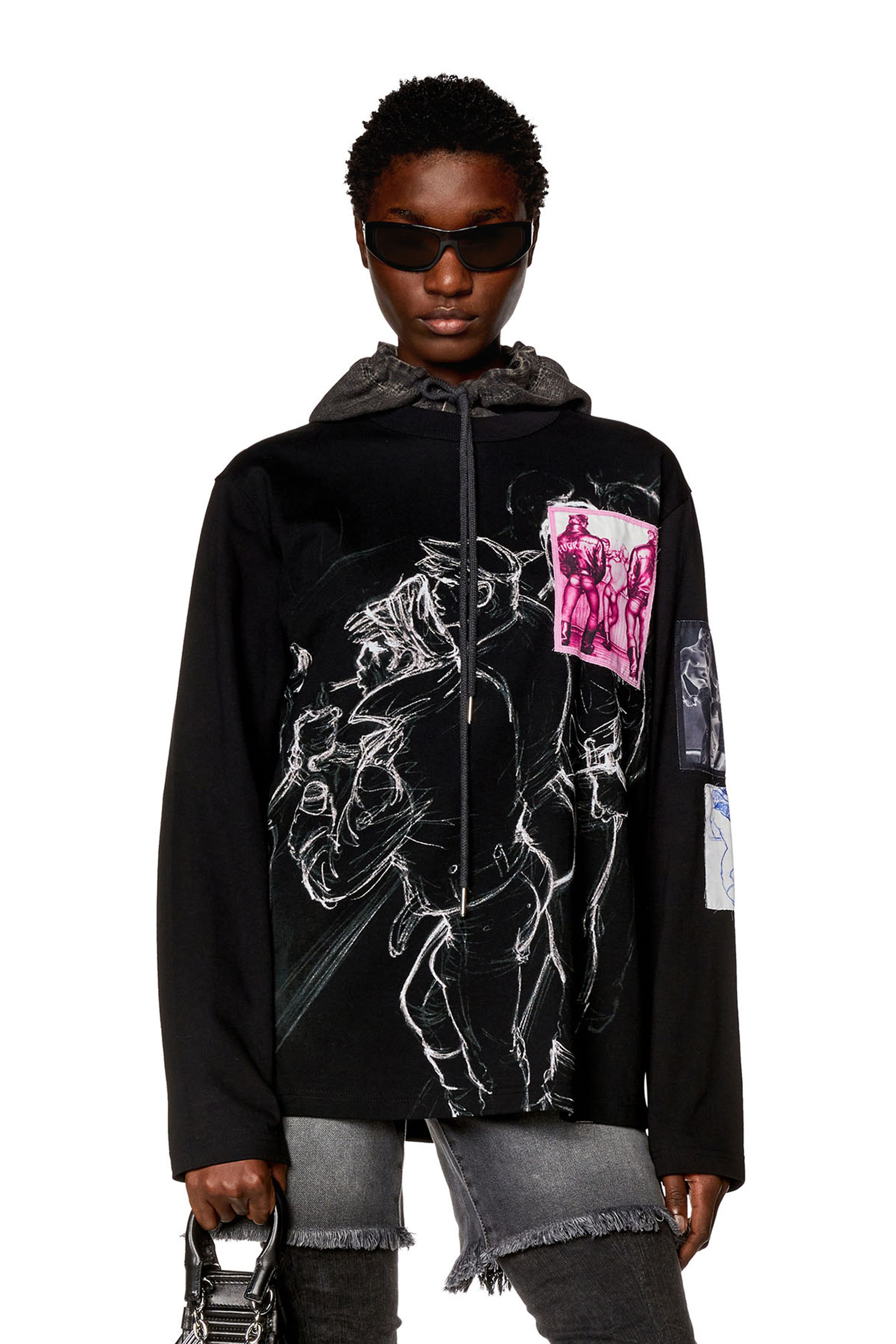 Women's Long-sleeve T-shirt with prints and patches | Black | Diesel