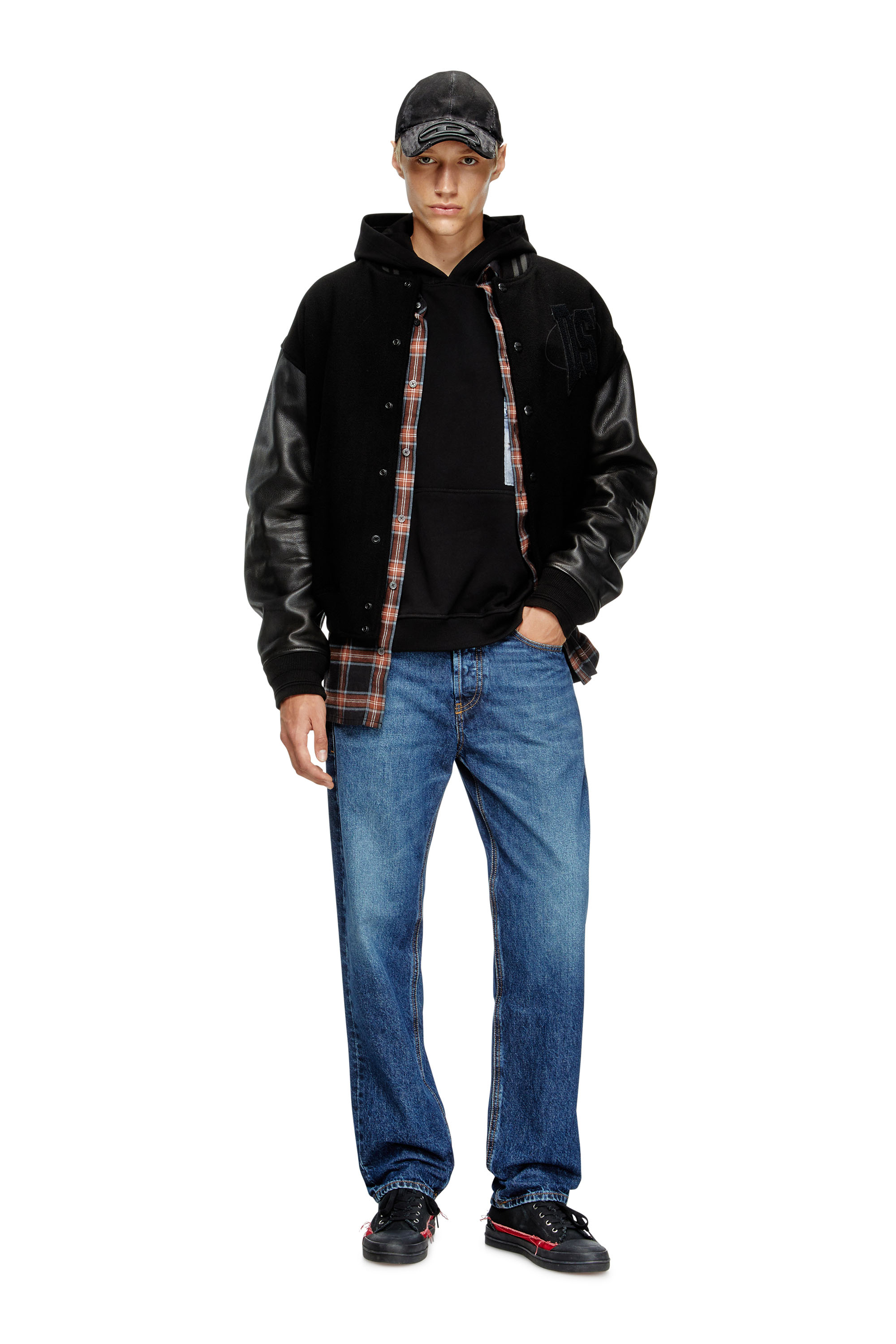 Diesel - L-NYMAN, Veste bomber style universitaire en coton et cuir Homme in Noir - 1