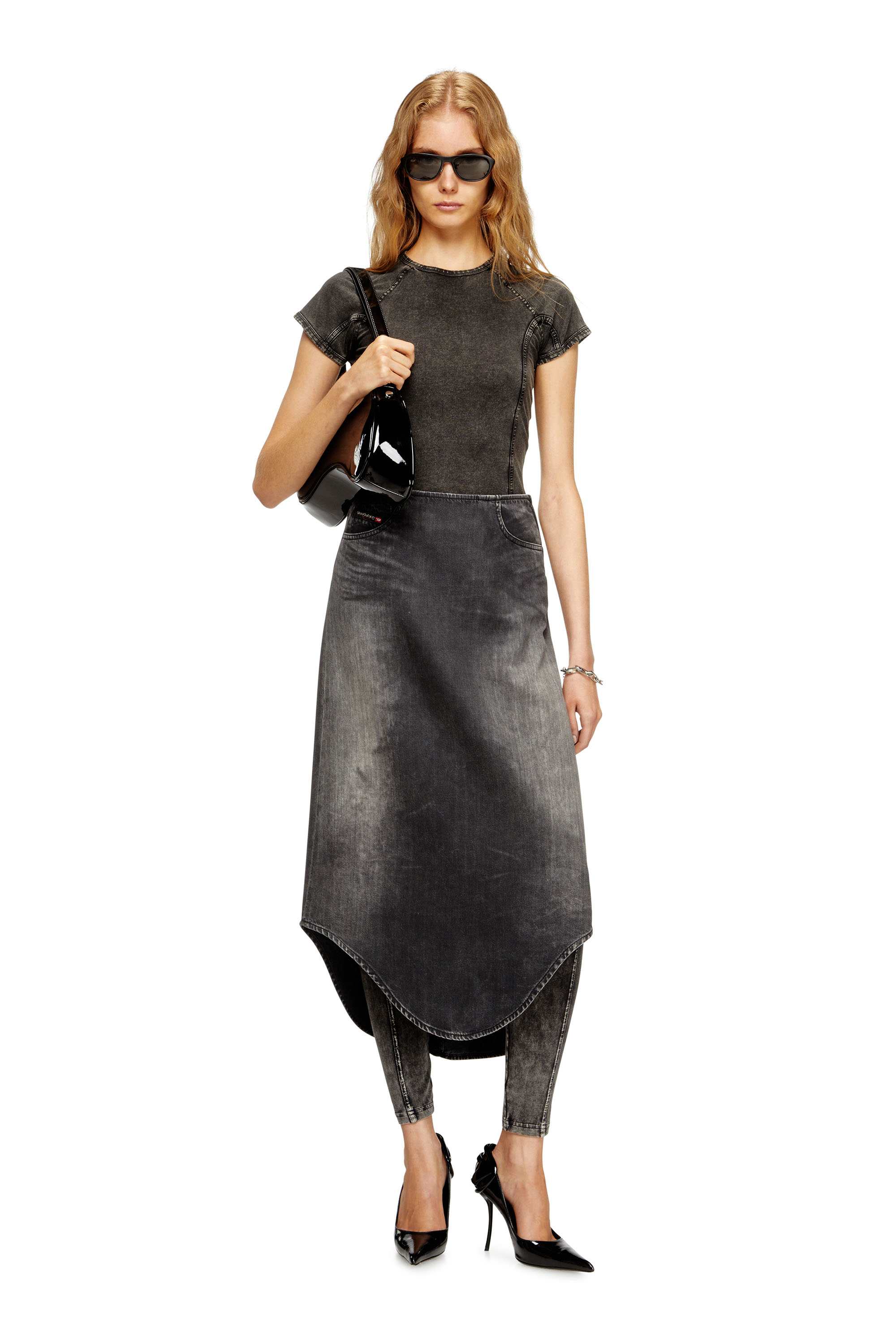 Diesel - DE-PLUMY-S, Female's Denim midi skirt with shadow effect in Black - 2