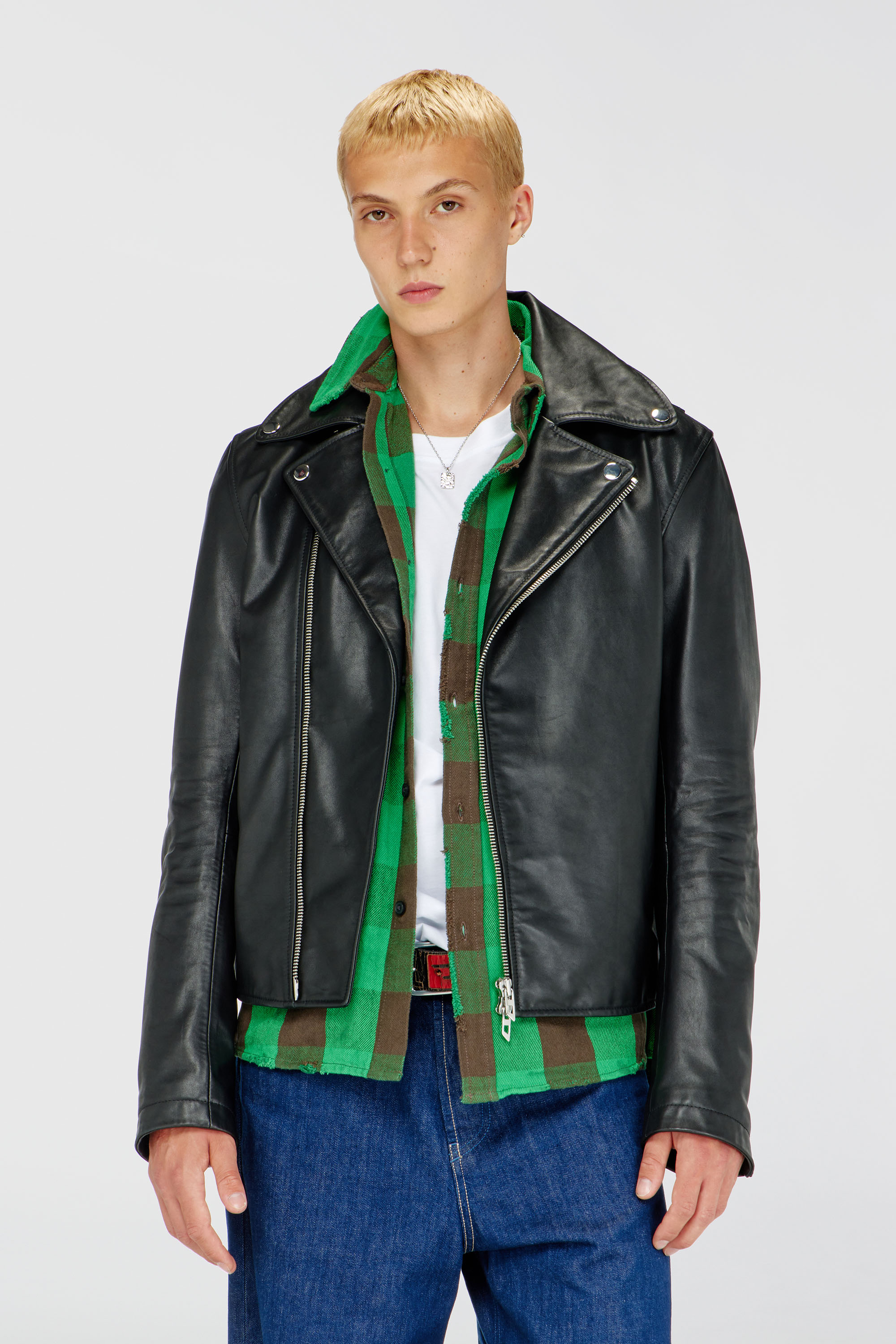Diesel - L-EO-WRD, Chaqueta biker de cuero encerado Hombre in Negro - 1