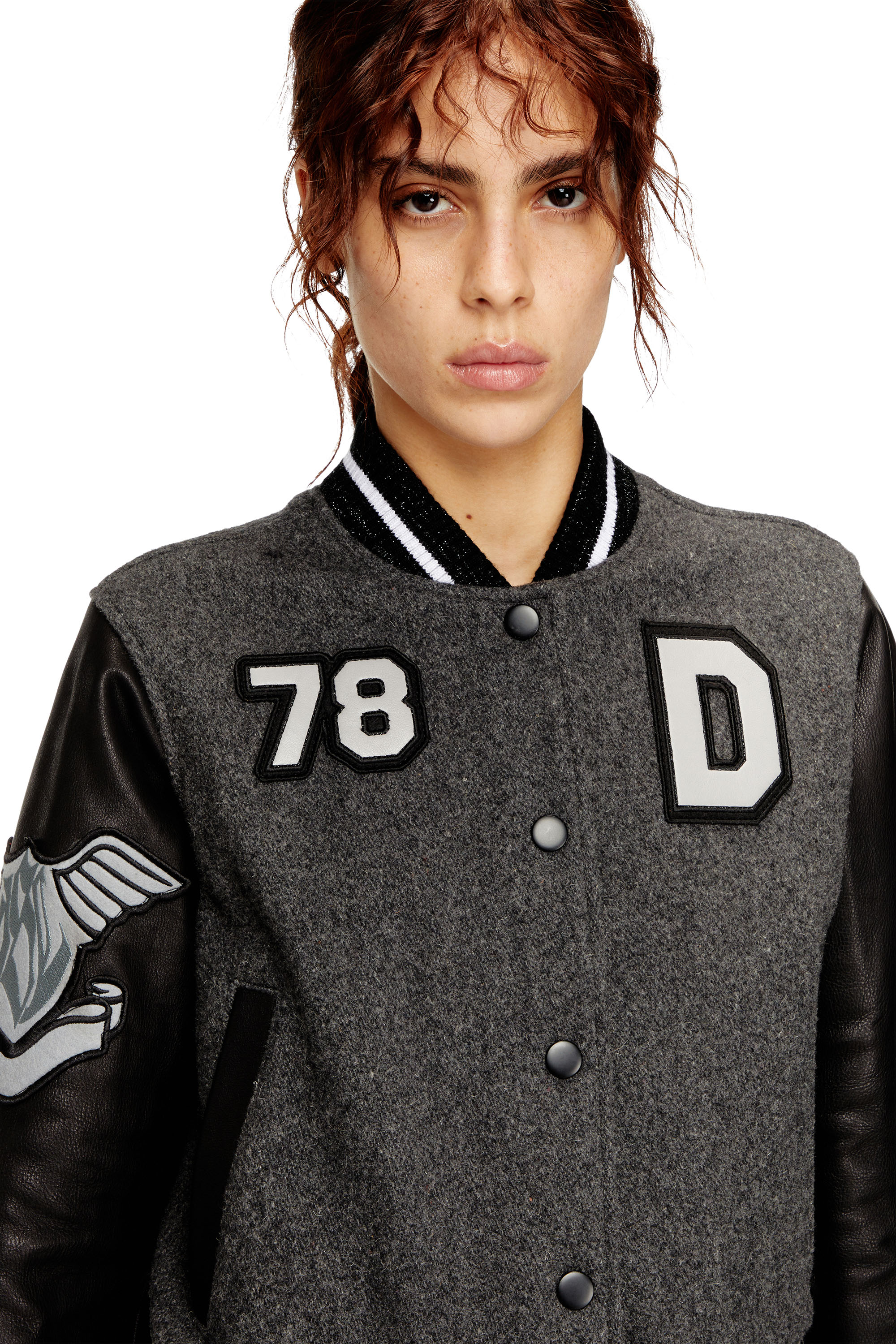 Diesel - L-REAL-CP, Female's Cropped varsity jacket in wool and leather in Black/Grey - 4