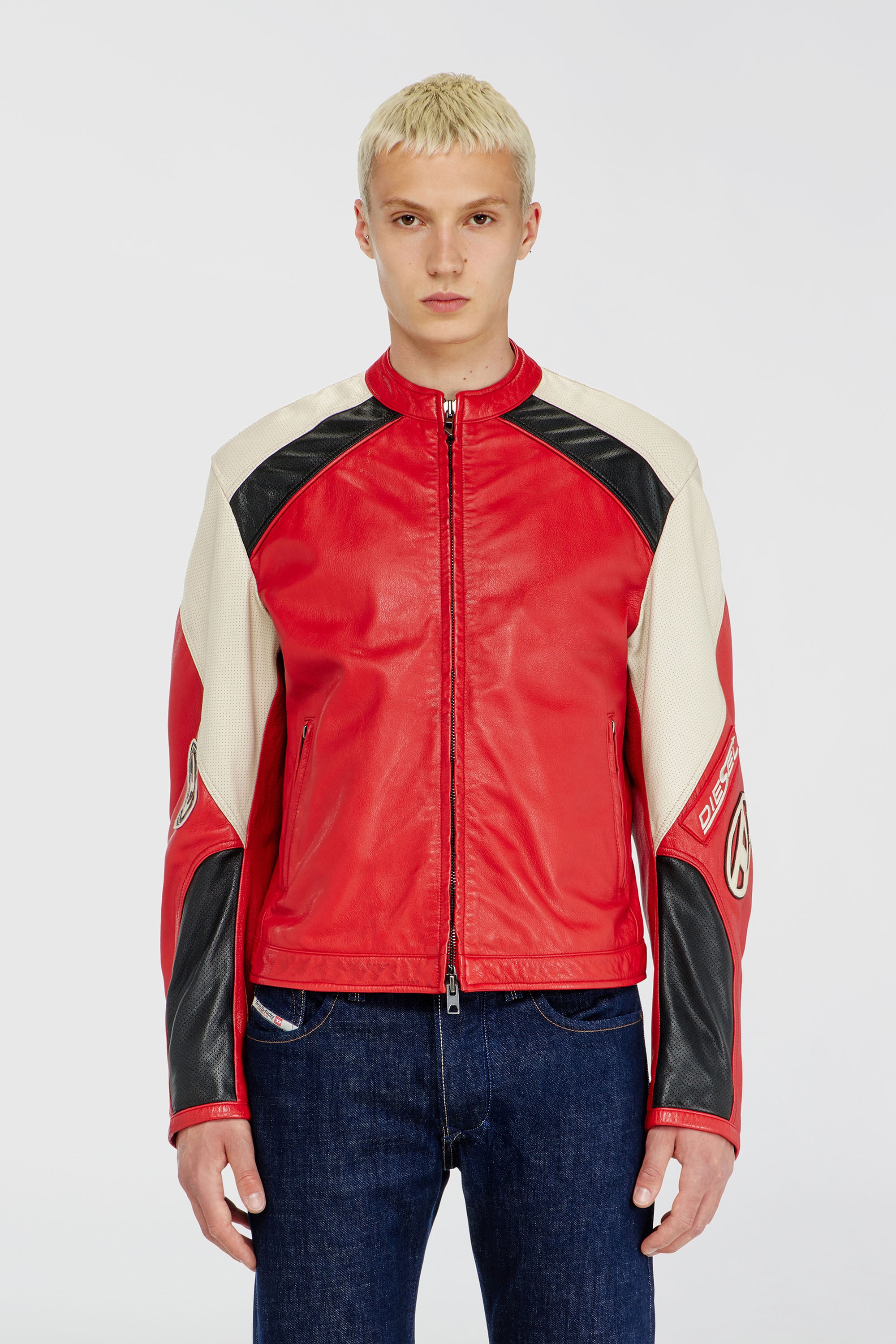 Diesel - L-AHTI, Veste biker en cuir perfor&eacute; bicolore Homme in Polychrome - 1
