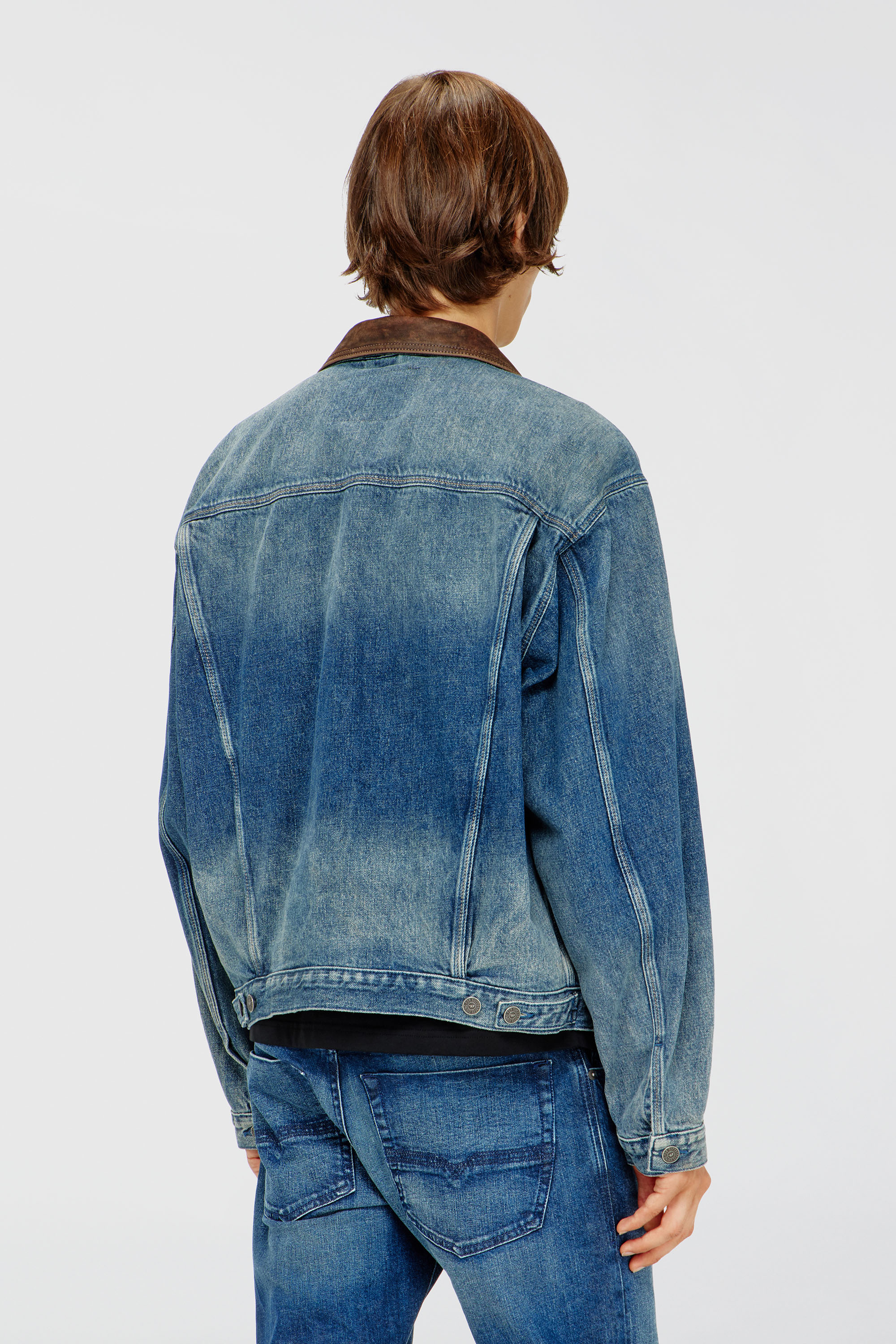Diesel - D-DENVER-S1, Unisex's Denim trucker jacket with contrast leather trims in Blue - 5