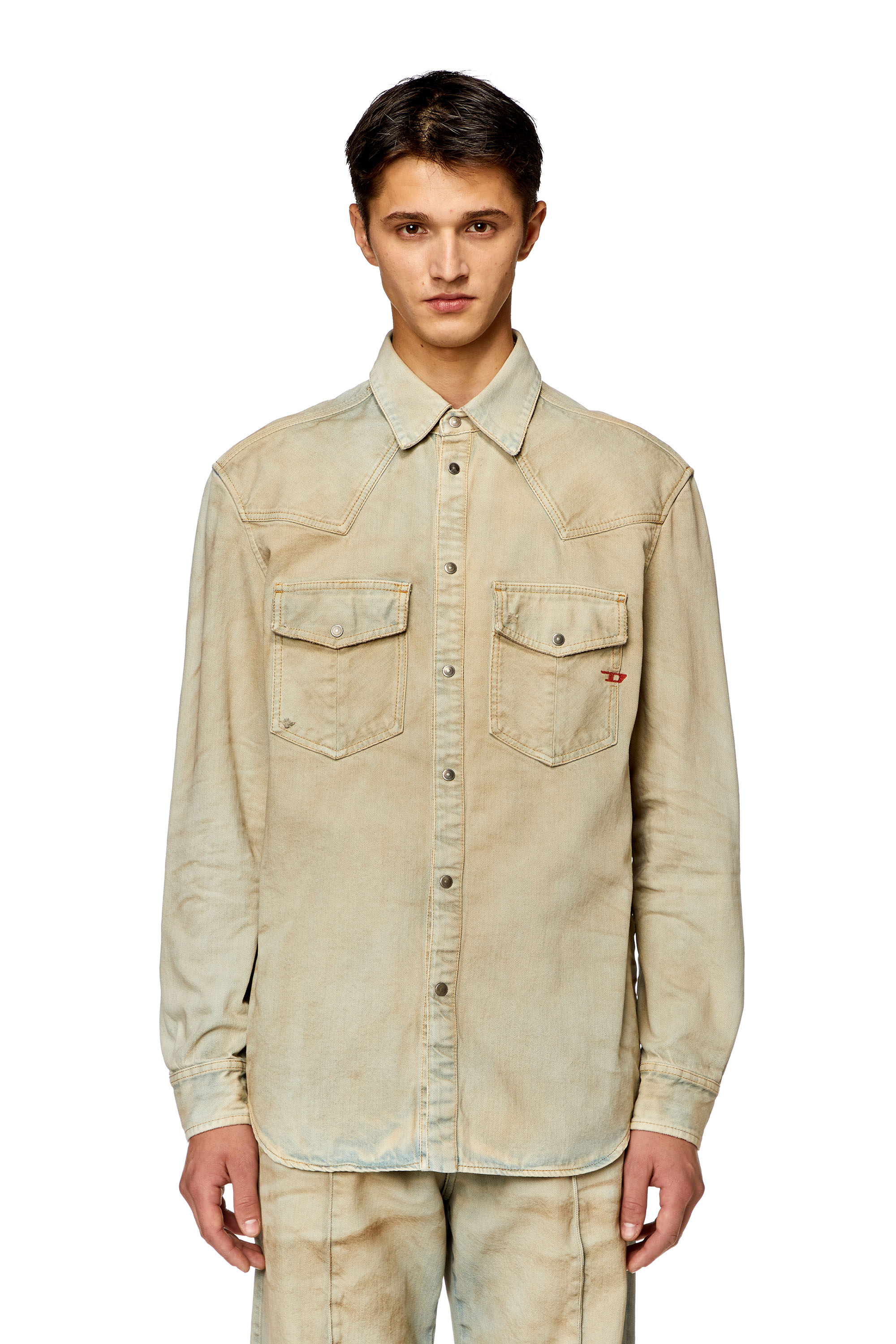 Diesel - D-OCEAN, Man's Western shirt in distressed denim in Beige - 2