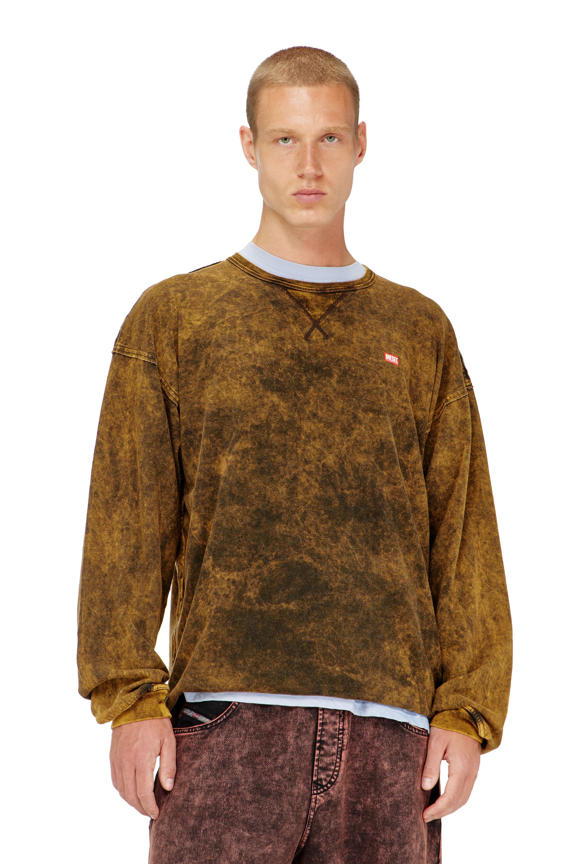 Diesel - T-BOXT-LS-RAW, Man's Acid-wash long-sleeve T-shirt with frayed details in Brown - 1