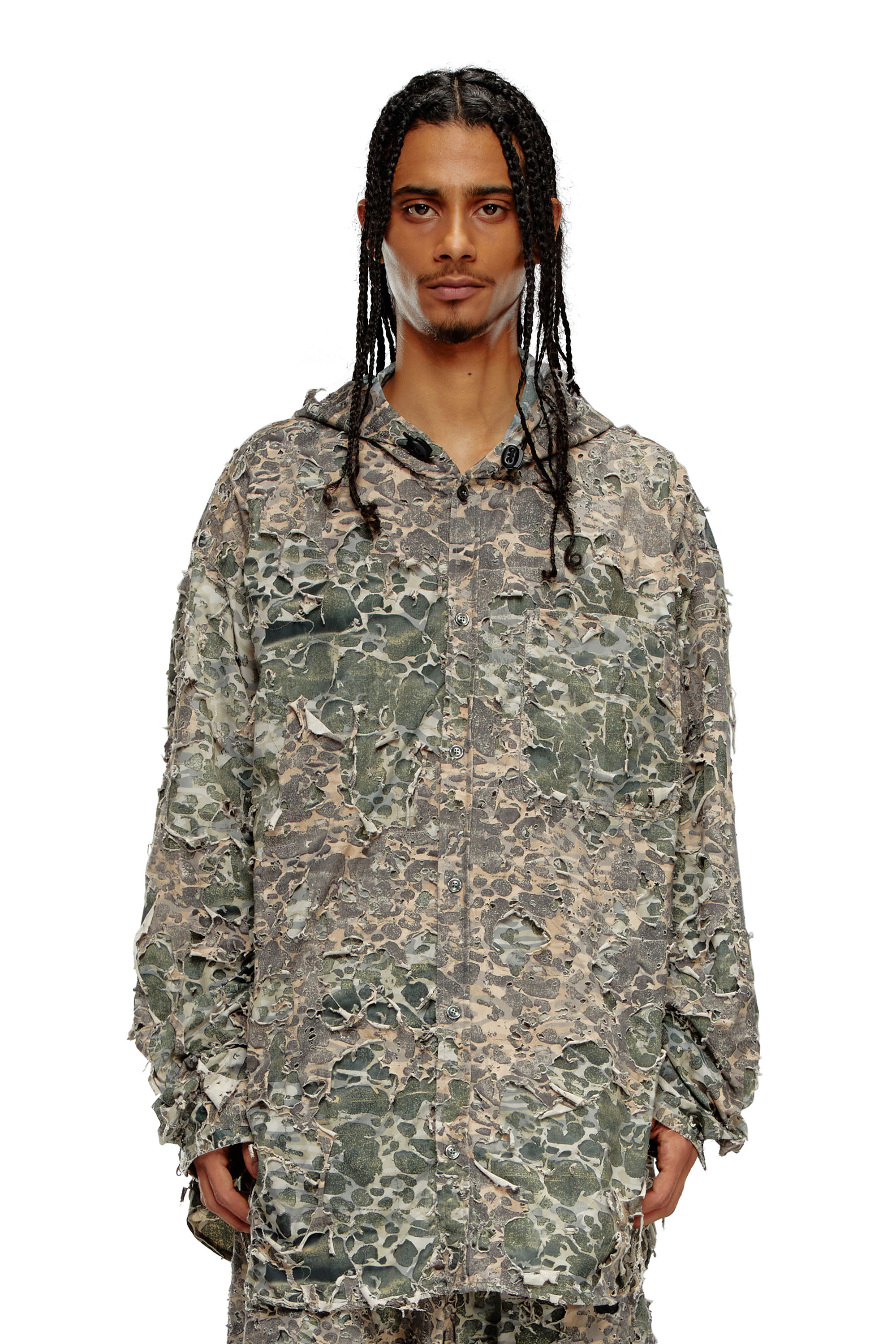 Diesel - S-DEWNY-HOOD-HOCKK, Male's Camo shirt with destroyed finish in Green/Grey - 3