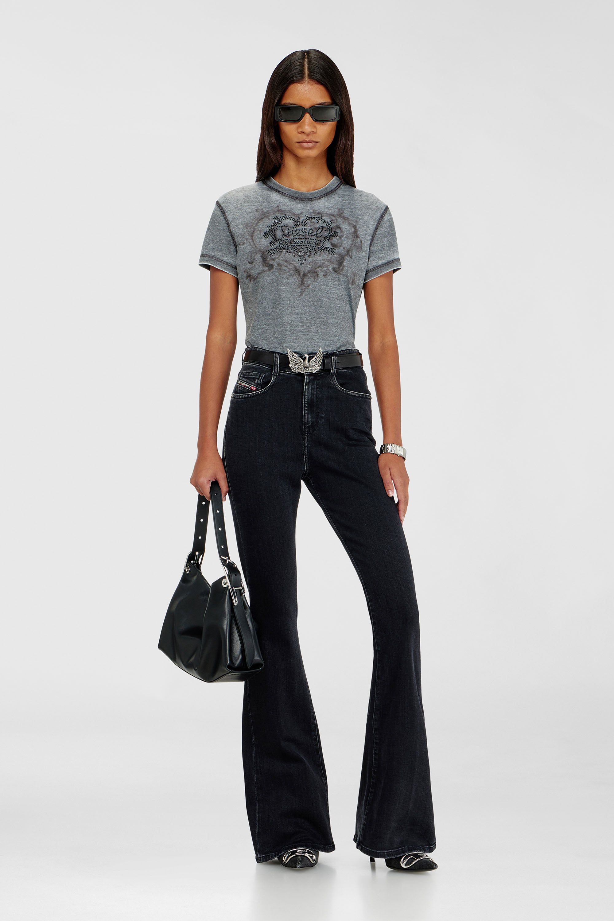 Diesel - T-ILA-AA1, Camiseta de jersey con strass y burnout effect Mujer in Gris - 2