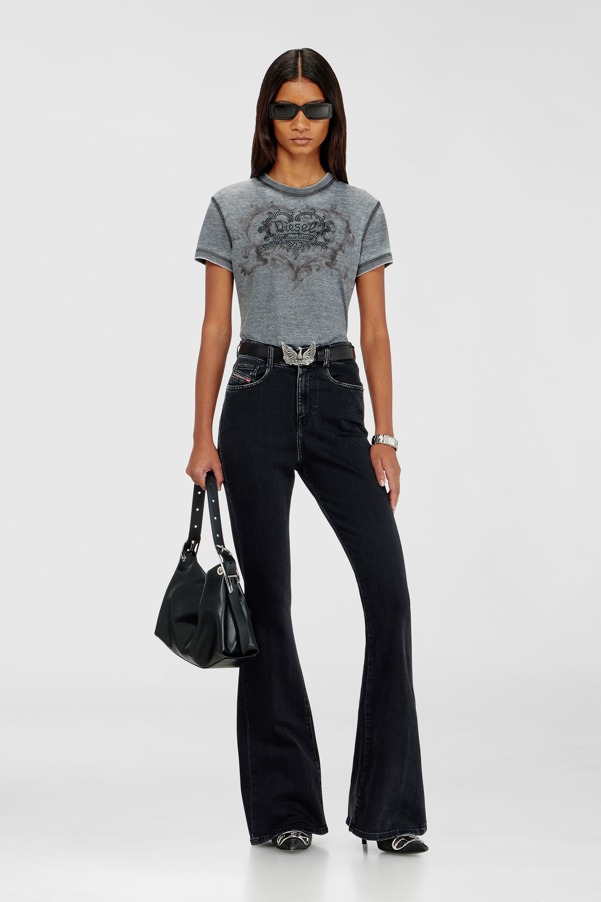 Diesel - T-ILA-AA1, Camiseta de jersey con strass y burnout effect Mujer in Gris - 1