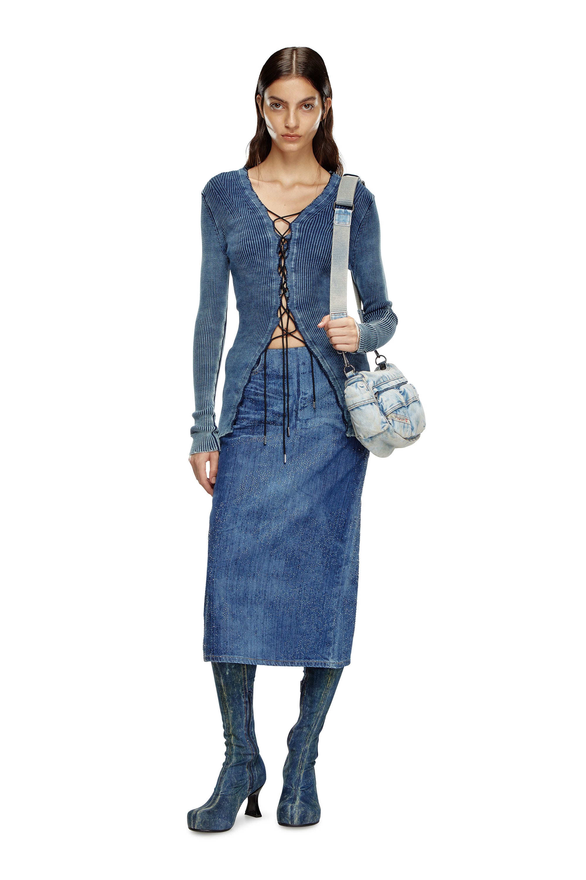 Diesel - DE-PRA-S3, Jupe crayon en denim strass Femme in Bleu - 2